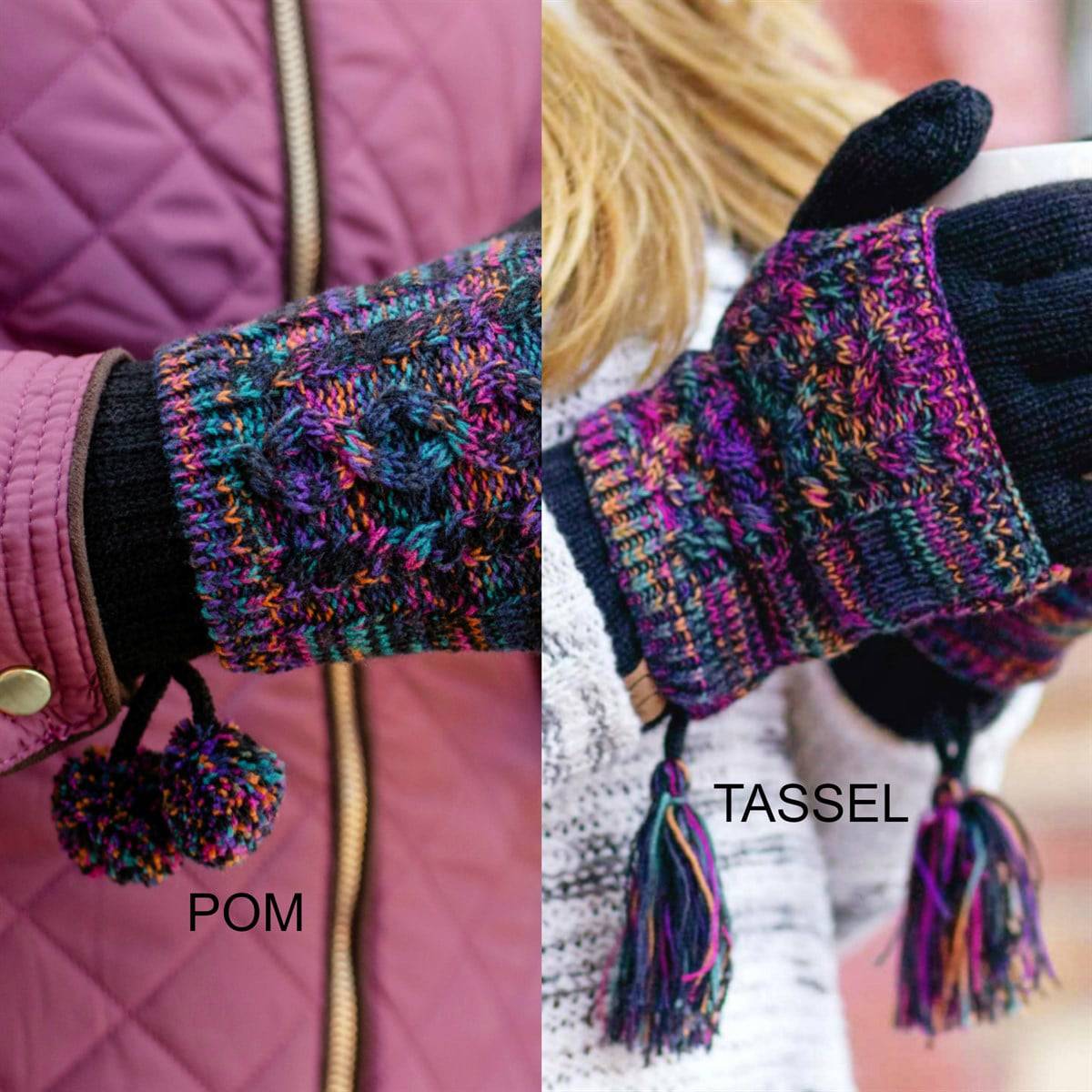 CC Touchscreen Gloves with removable cuff and pom, showcasing a stylish cable knit pattern in soft acrylic material.