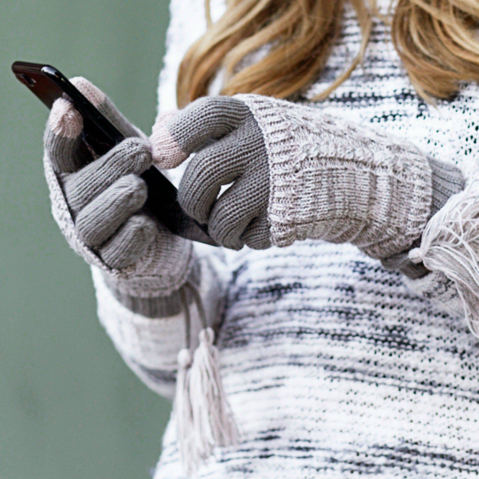 CC Touchscreen Gloves with removable cuff and tassel, showcasing a stylish cable knit pattern.