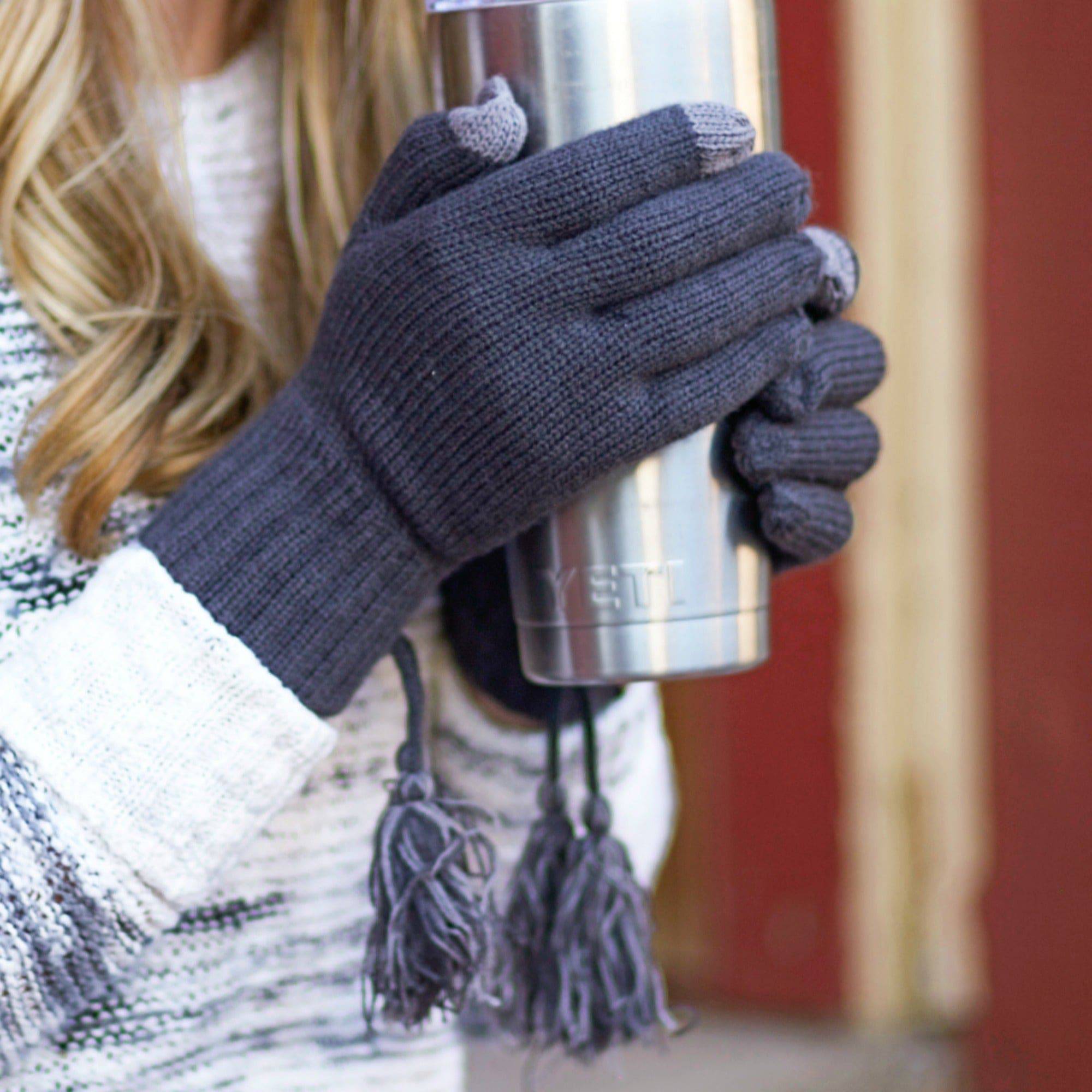 CC Touchscreen Gloves with removable cuff and tassel, showcasing a stylish cable knit pattern.