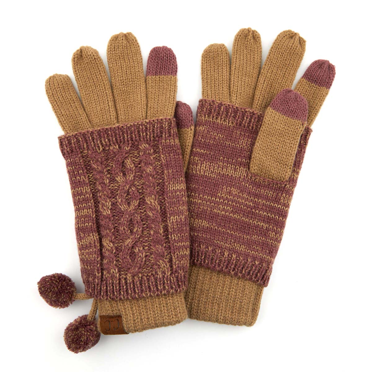 CC Touchscreen Gloves with removable cuff and tassel, showcasing a stylish cable knit pattern.