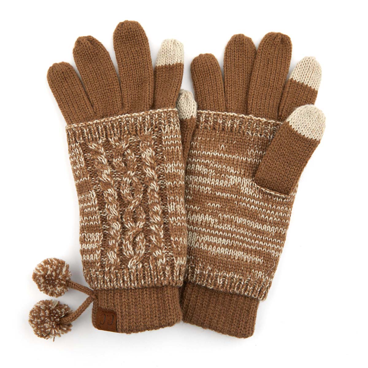 CC Touchscreen Gloves with removable cuff and tassel, showcasing a stylish cable knit pattern.