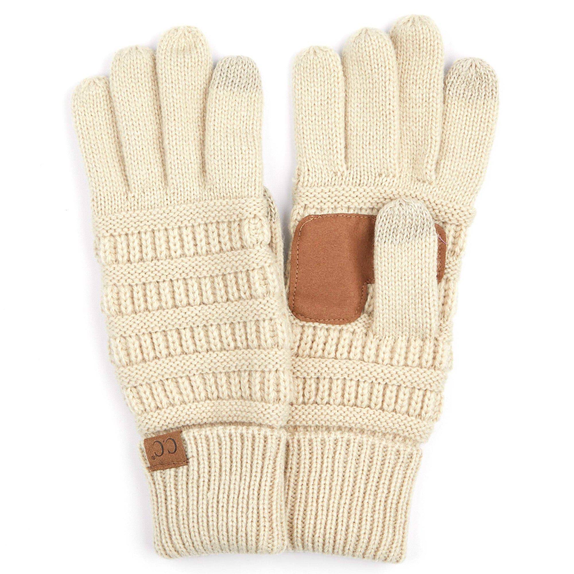 A pair of stylish CC Touchscreen Gloves in a cable knit pattern, designed for smartphone use with soft acrylic material.