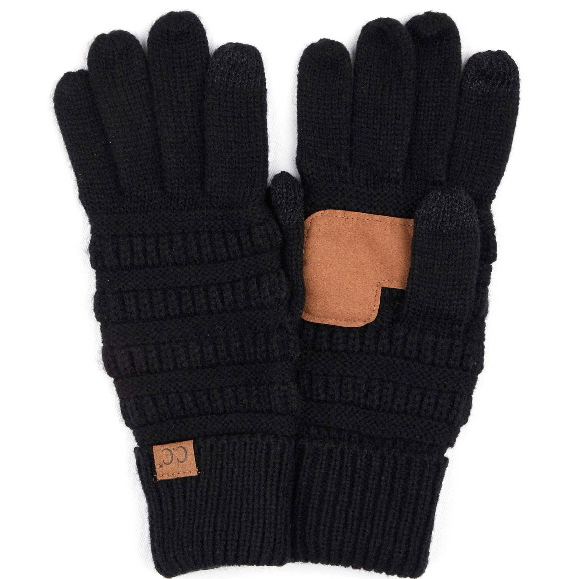 A pair of stylish CC Touchscreen Gloves in a cable knit pattern, designed for smartphone use with soft acrylic material.