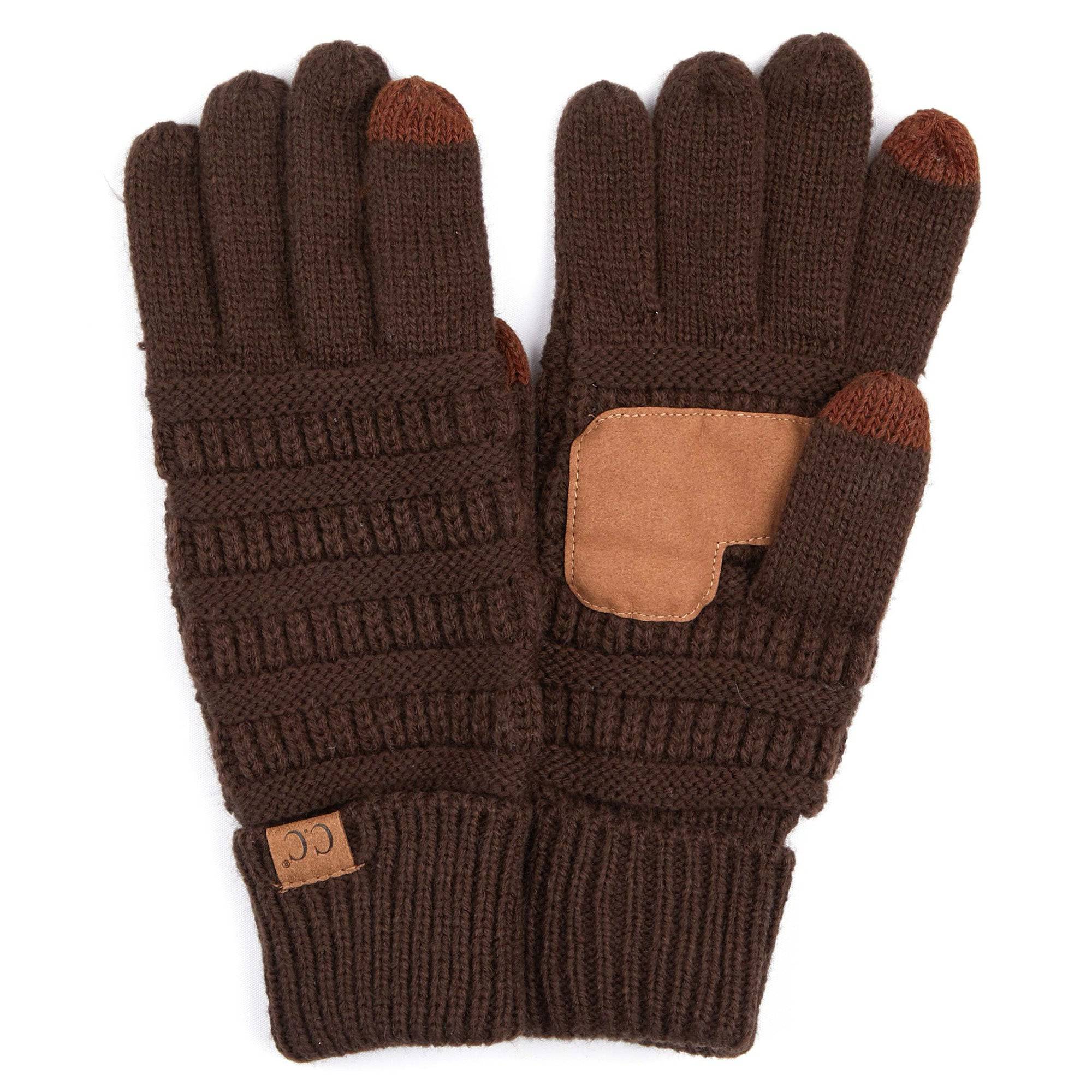 A pair of stylish CC Touchscreen Gloves in a cable knit pattern, designed for smartphone use with soft acrylic material.