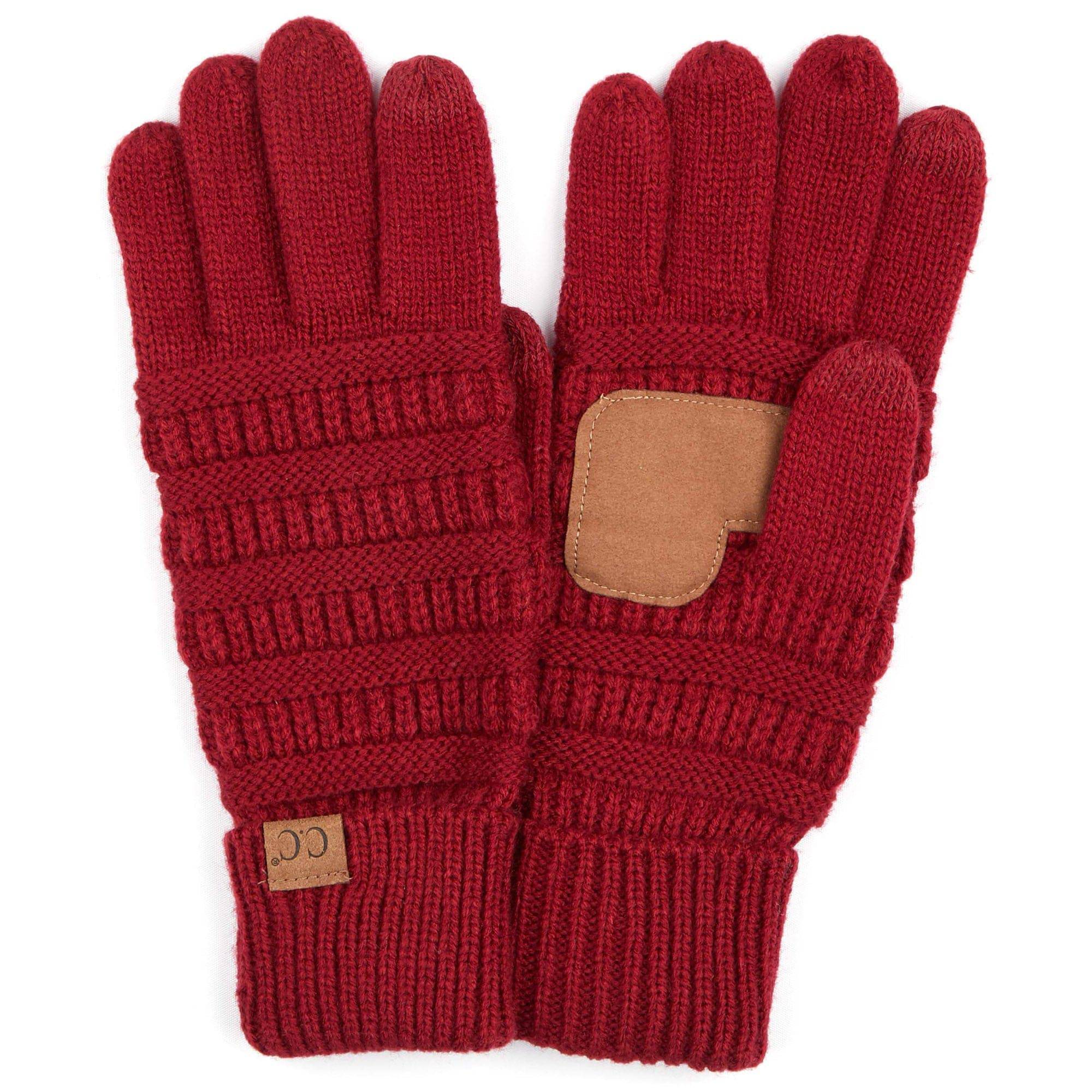 A pair of stylish CC Touchscreen Gloves in a cable knit pattern, designed for smartphone use with soft acrylic material.