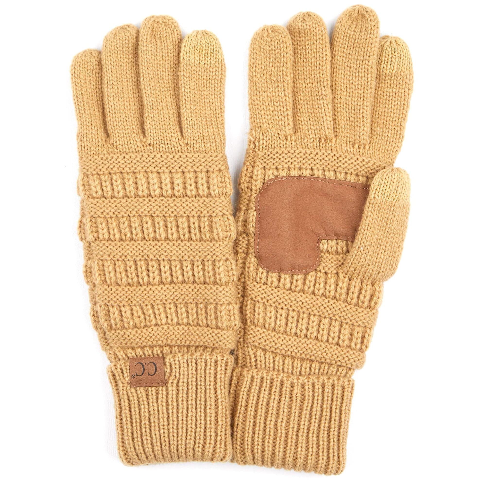 A pair of stylish CC Touchscreen Gloves in a cable knit pattern, designed for smartphone use with soft acrylic material.