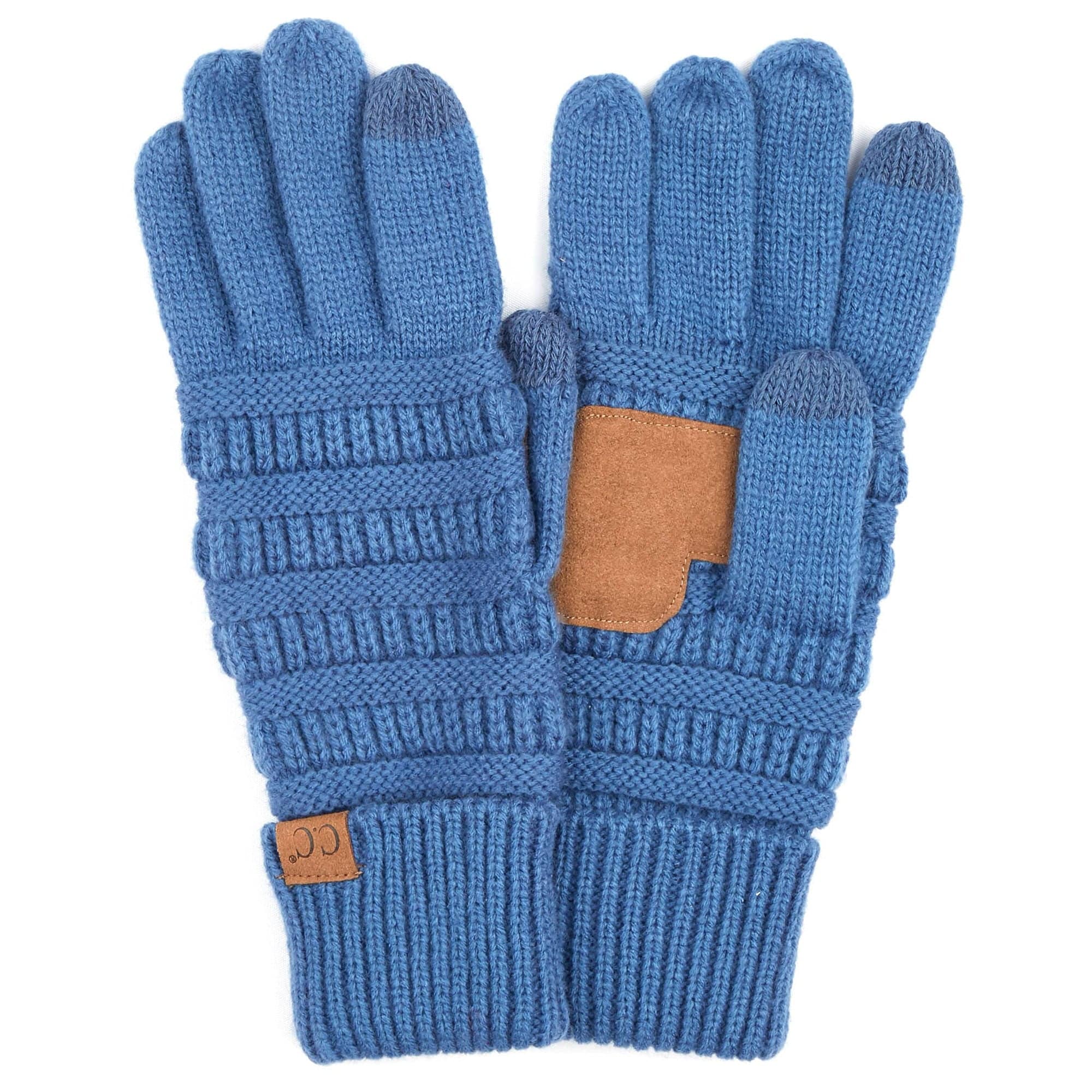 A pair of stylish CC Touchscreen Gloves in a cable knit pattern, designed for smartphone use with soft acrylic material.