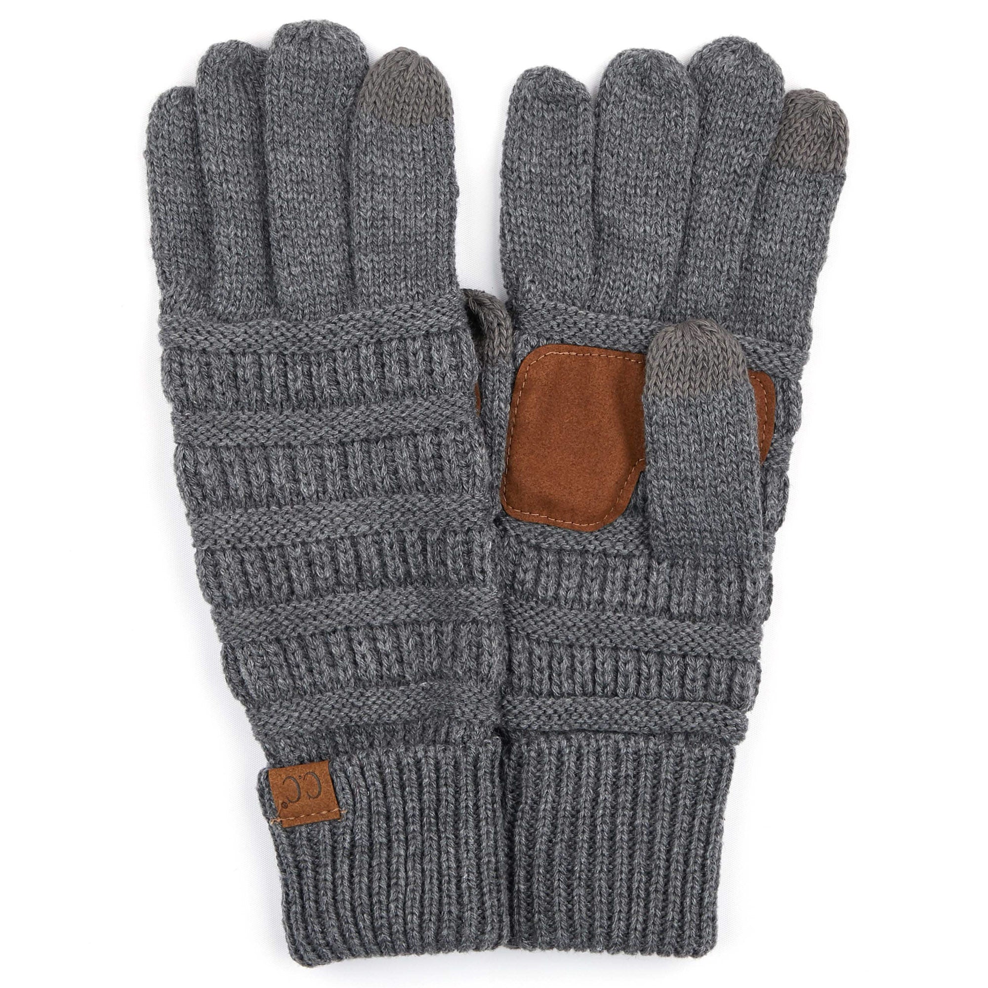 A pair of stylish CC Touchscreen Gloves in a cable knit pattern, designed for smartphone use with soft acrylic material.