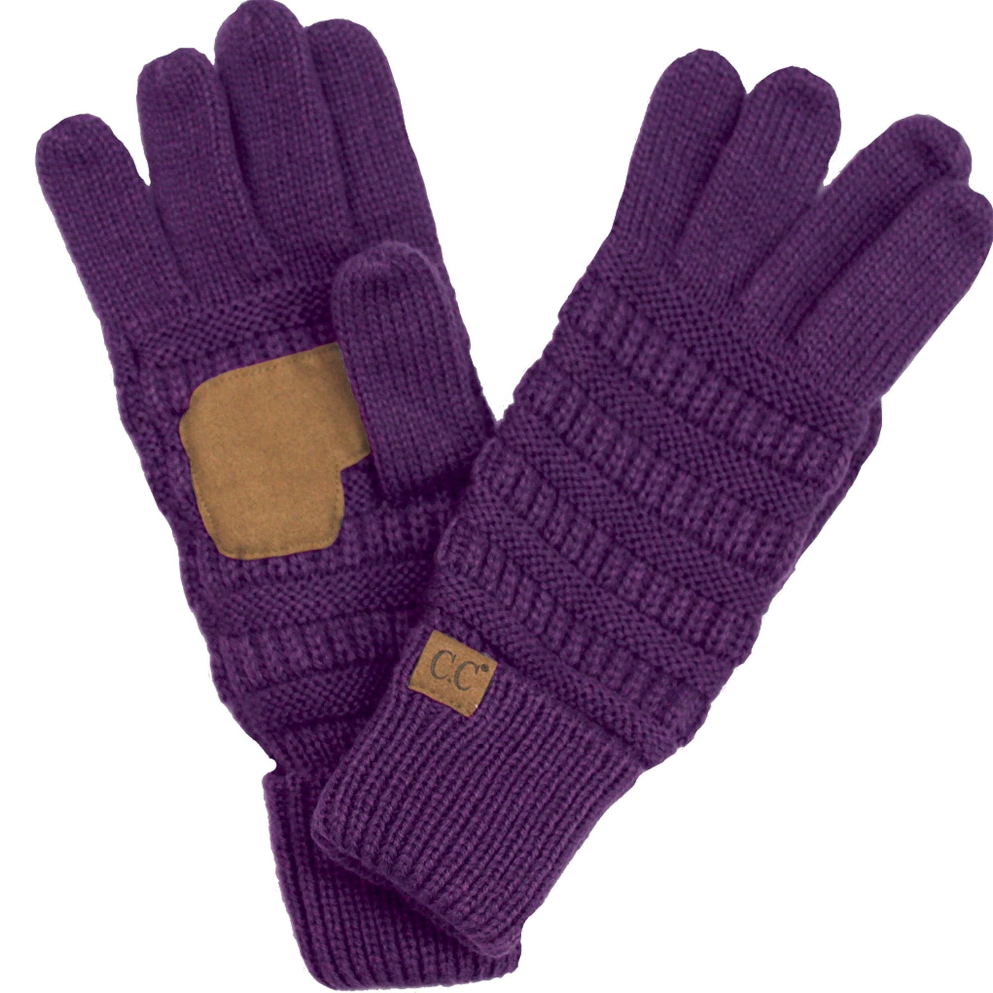 A pair of stylish CC Touchscreen Gloves in a cable knit pattern, designed for smartphone use with soft acrylic material.