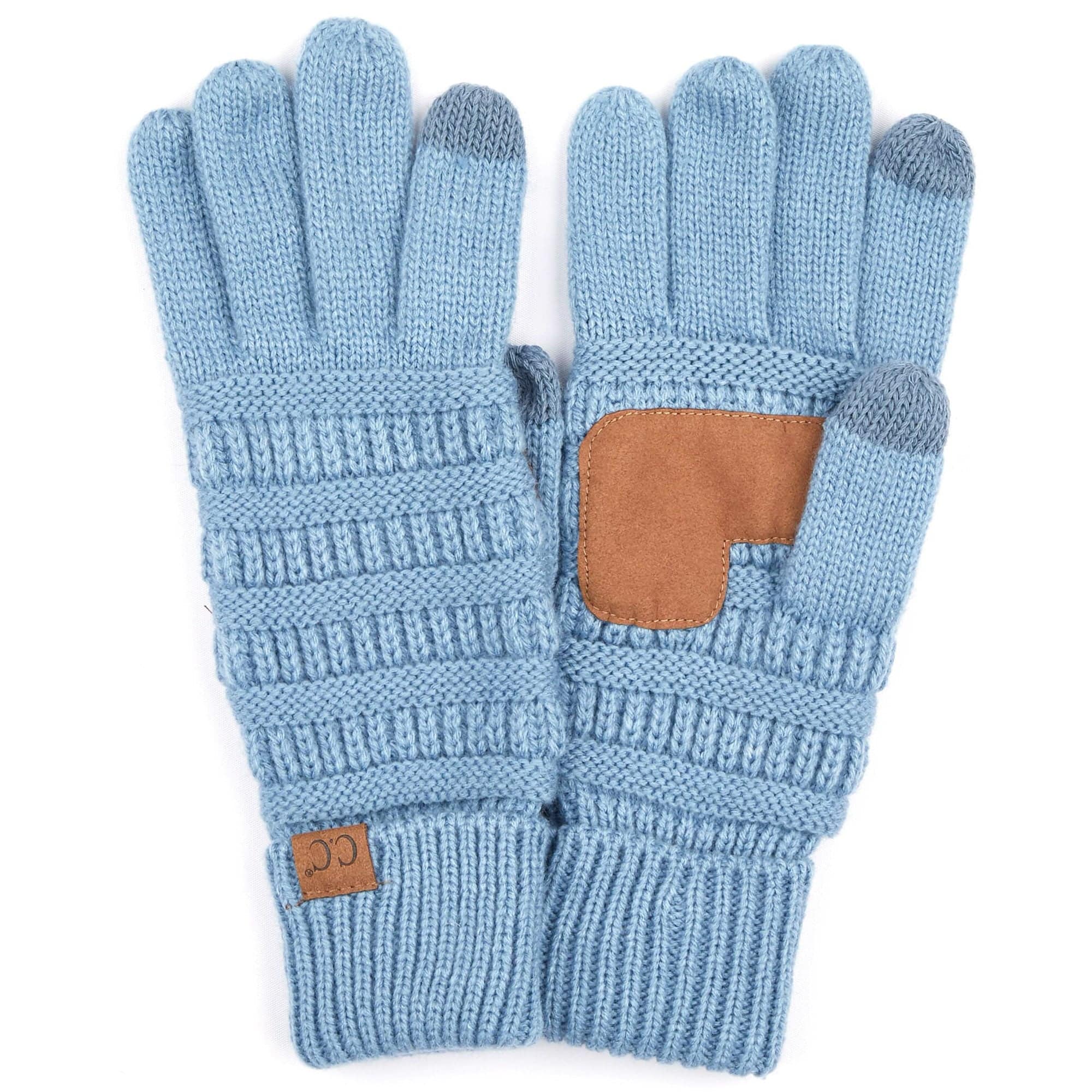 A pair of stylish CC Touchscreen Gloves in a cable knit pattern, designed for smartphone use with soft acrylic material.