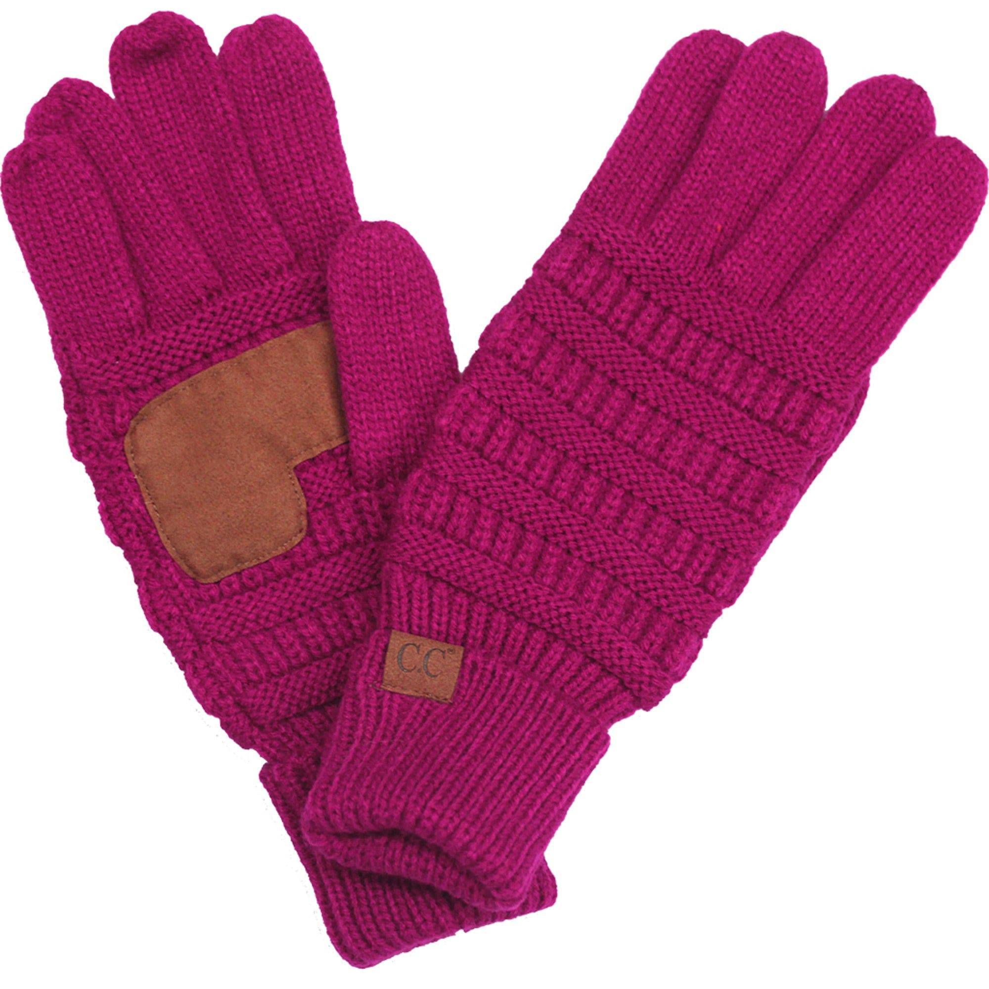 A pair of stylish CC Touchscreen Gloves in a cable knit pattern, designed for smartphone use with soft acrylic material.