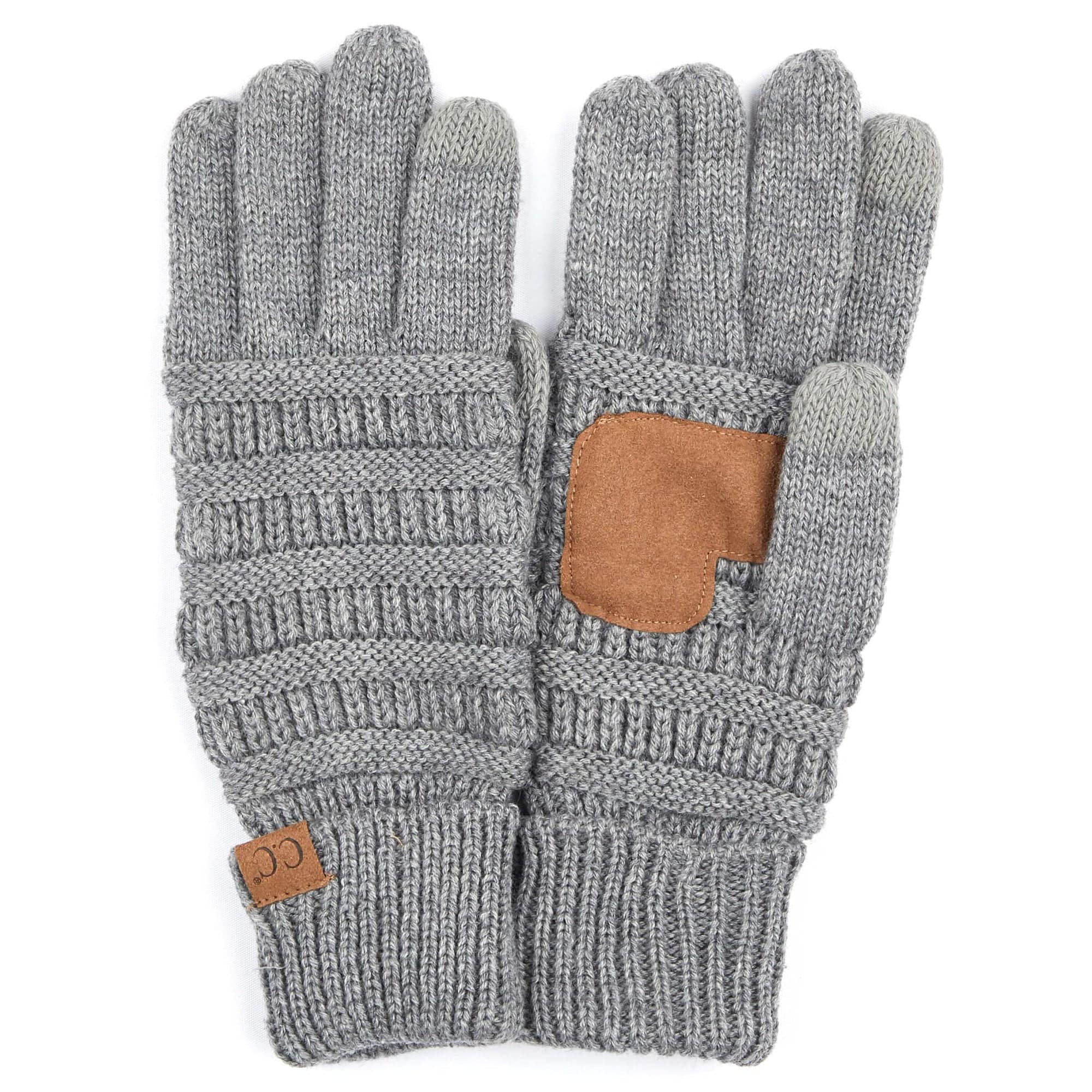 A pair of stylish CC Touchscreen Gloves in a cable knit pattern, designed for smartphone use with soft acrylic material.