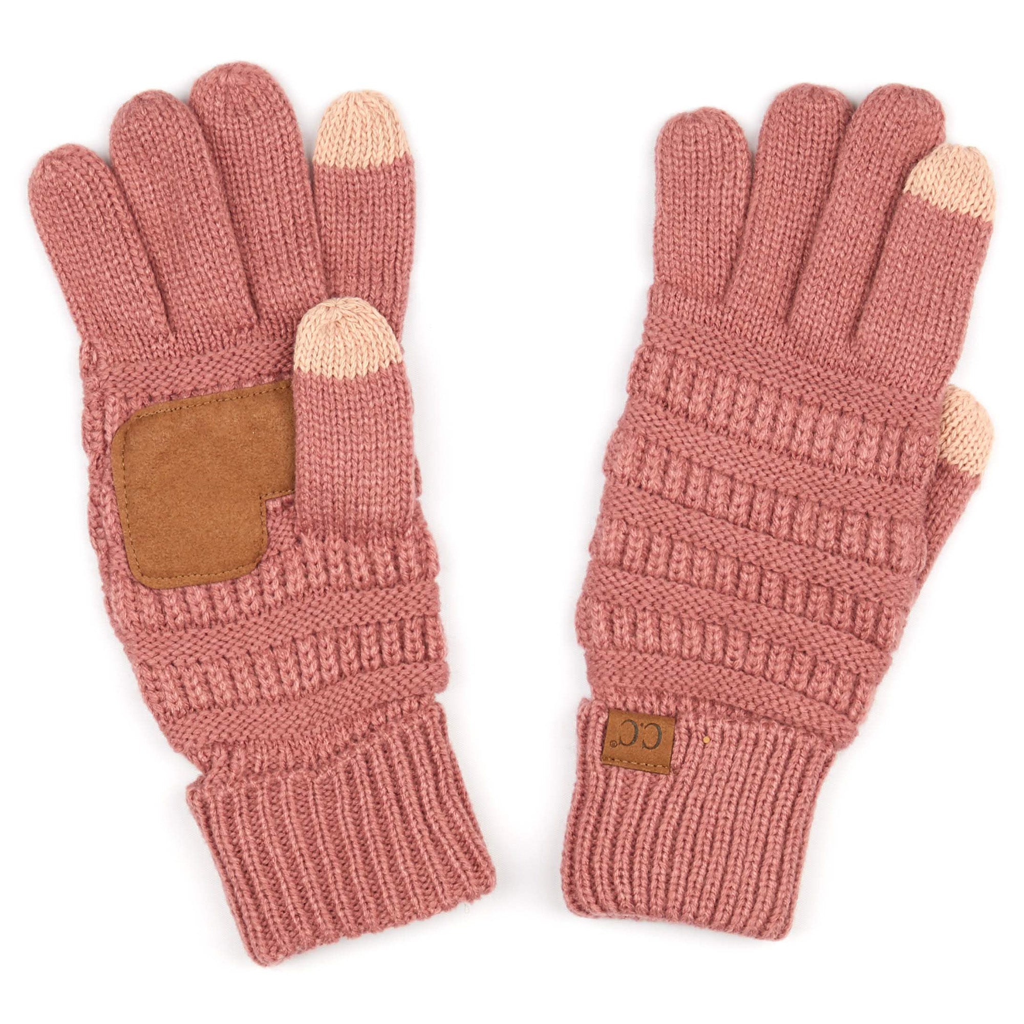 A pair of stylish CC Touchscreen Gloves in a cable knit pattern, designed for smartphone use with soft acrylic material.