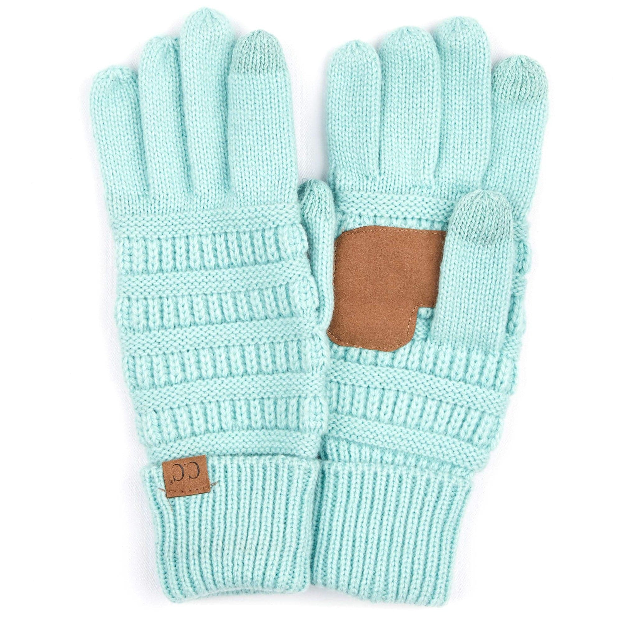 A pair of stylish CC Touchscreen Gloves in a cable knit pattern, designed for smartphone use with soft acrylic material.