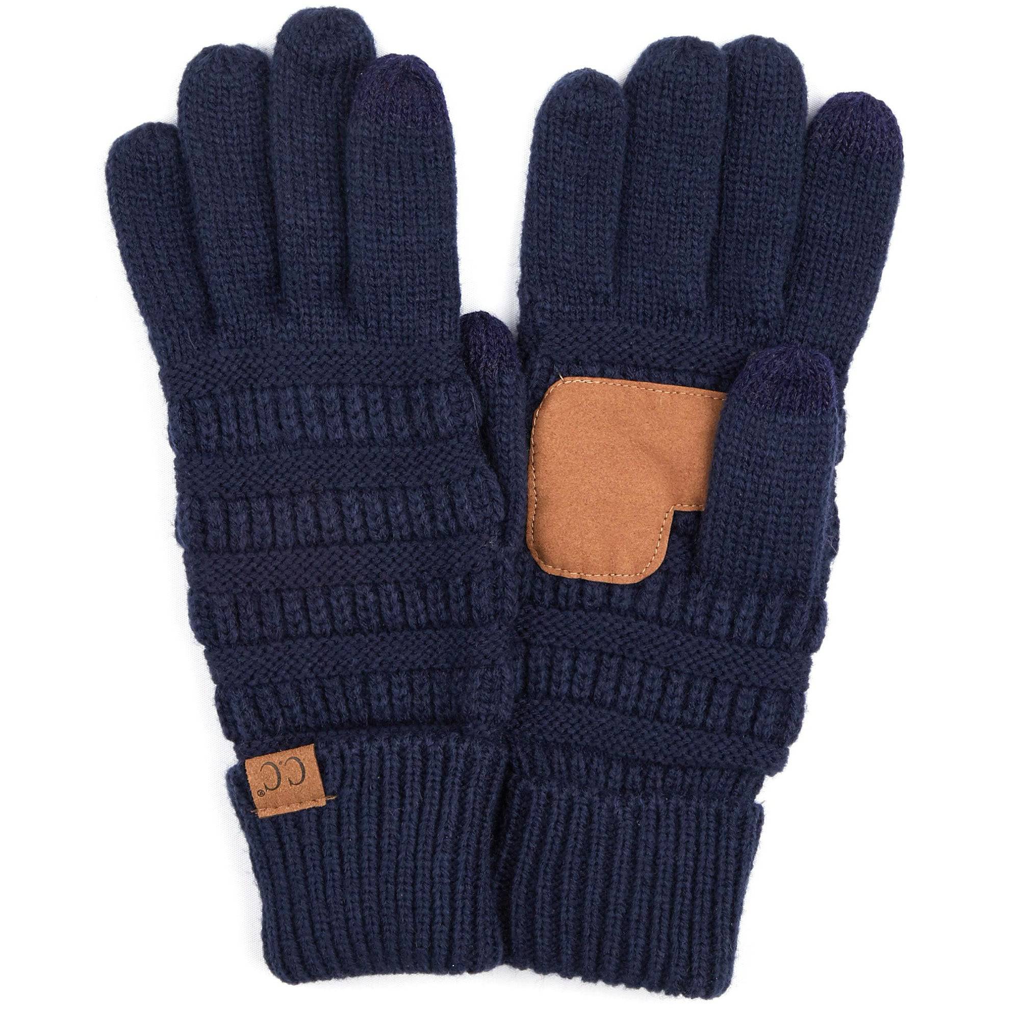 A pair of stylish CC Touchscreen Gloves in a cable knit pattern, designed for smartphone use with soft acrylic material.