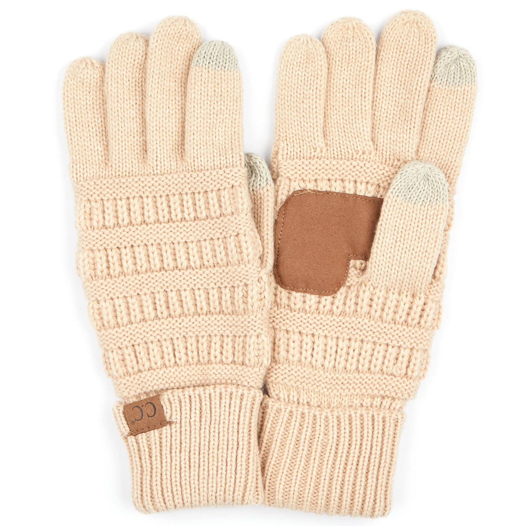 A pair of stylish CC Touchscreen Gloves in a cable knit pattern, designed for smartphone use with soft acrylic material.