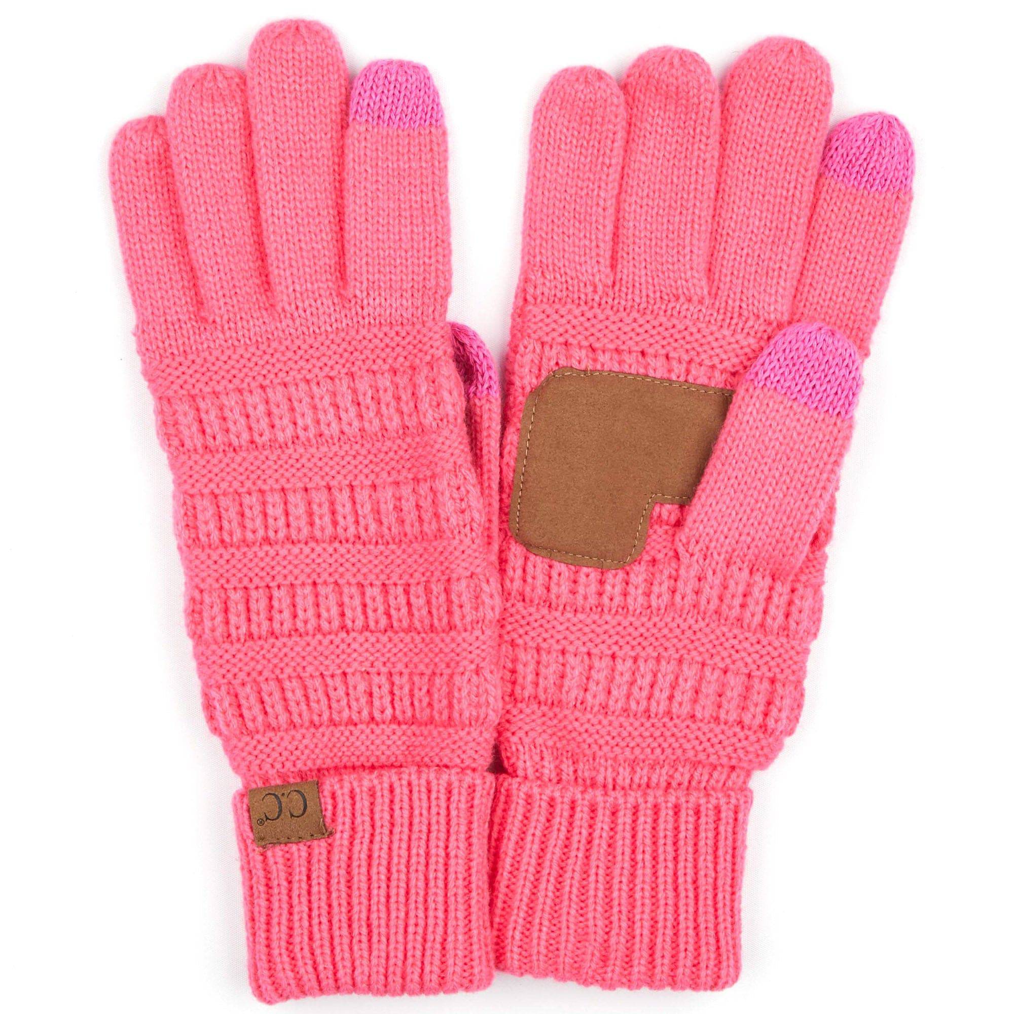 A pair of stylish CC Touchscreen Gloves in a cable knit pattern, designed for smartphone use with soft acrylic material.