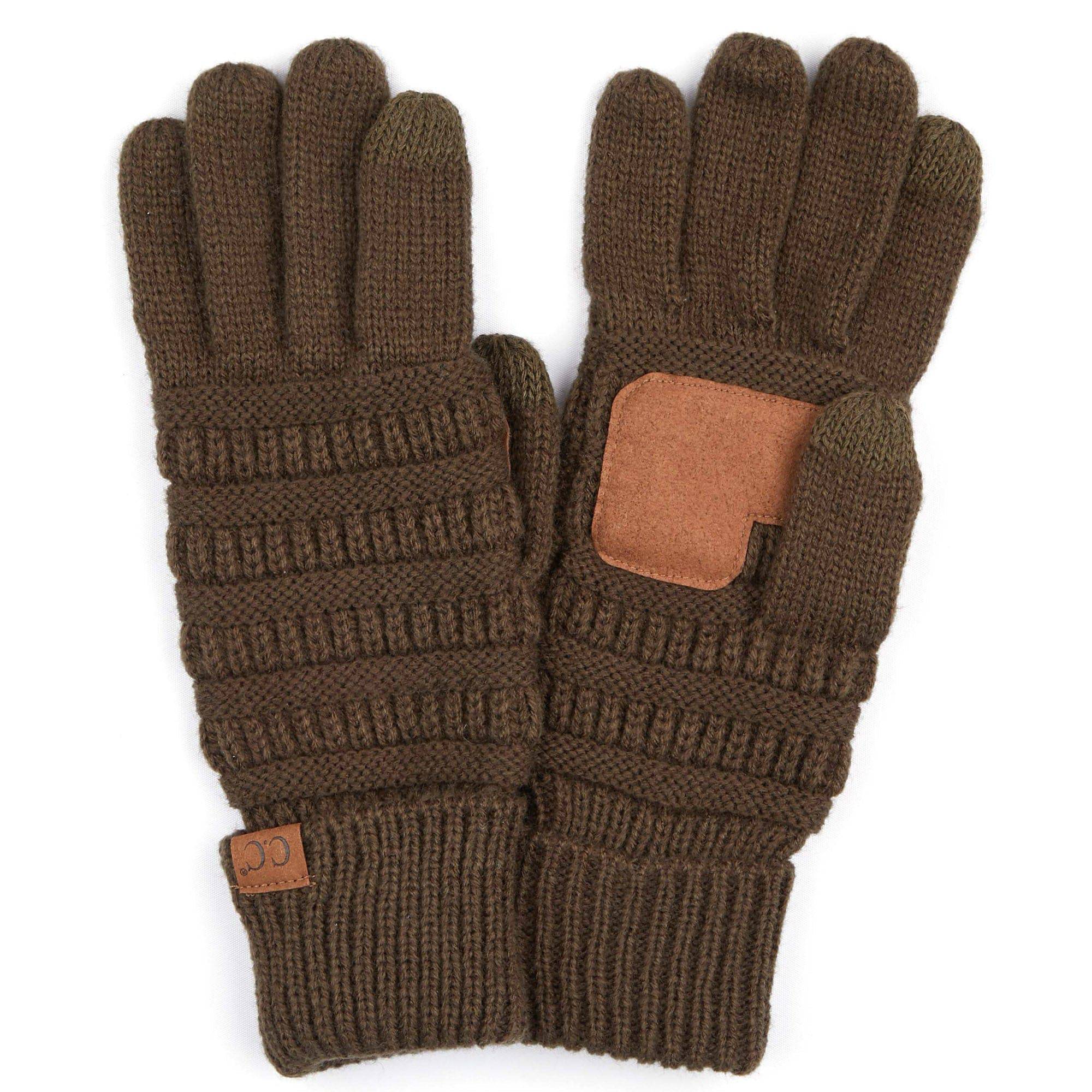 A pair of stylish CC Touchscreen Gloves in a cable knit pattern, designed for smartphone use with soft acrylic material.