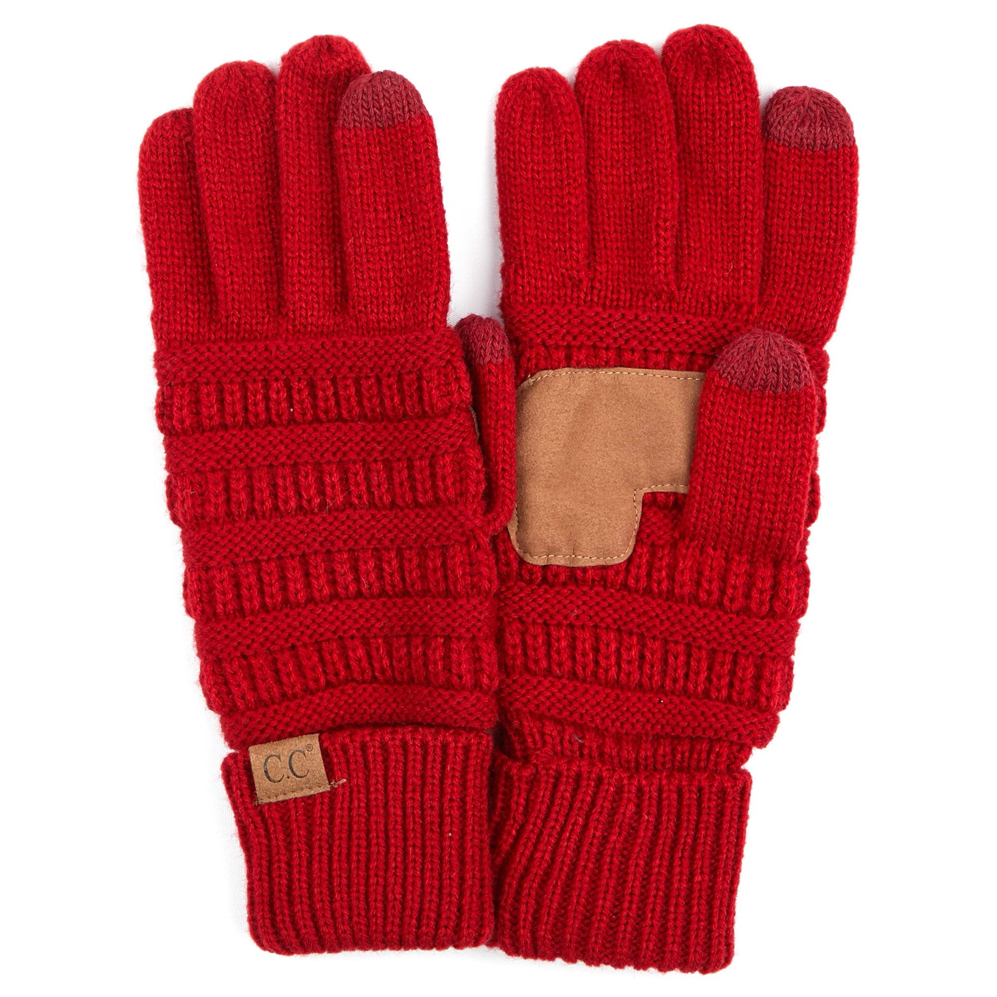 A pair of stylish CC Touchscreen Gloves in a cable knit pattern, designed for smartphone use with soft acrylic material.