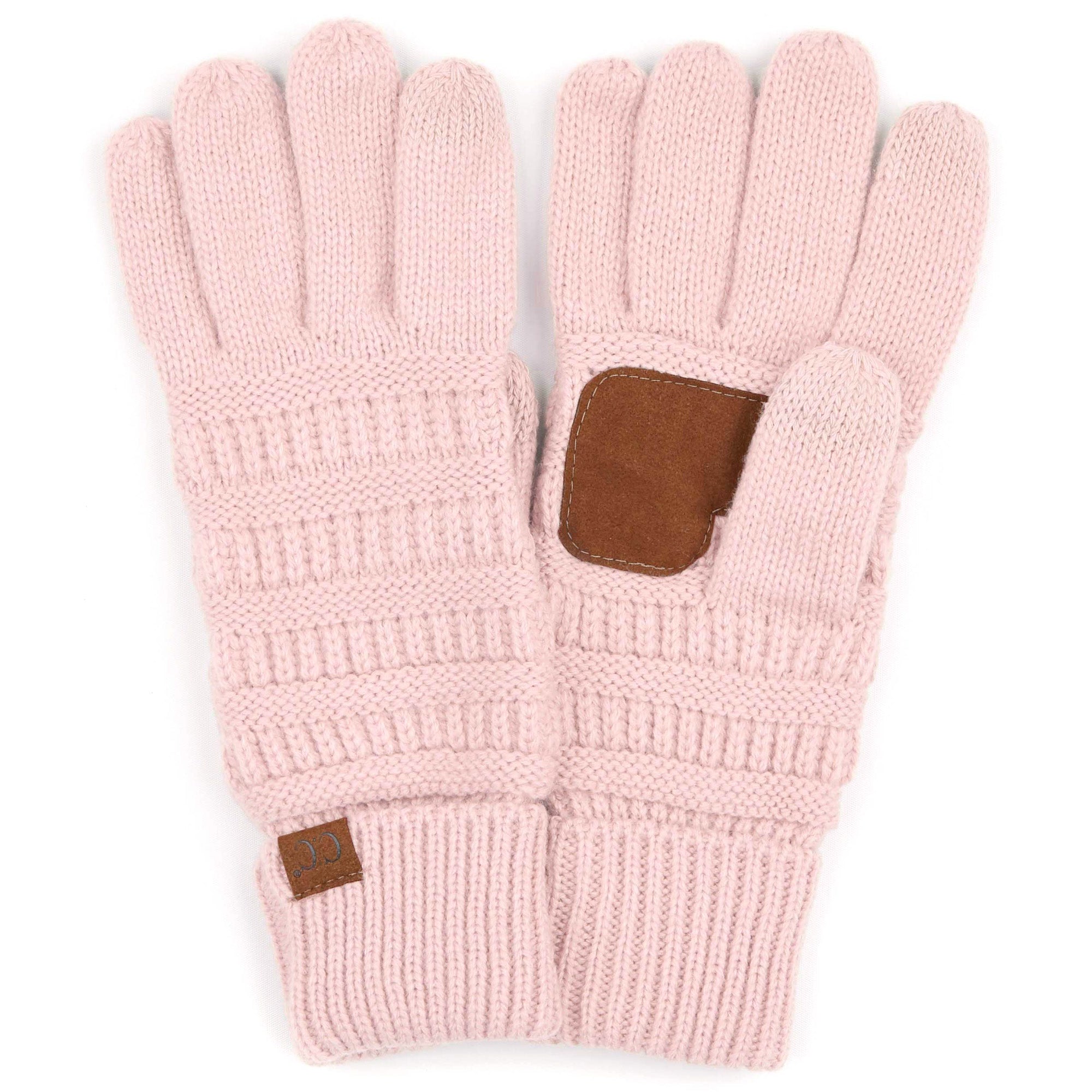 A pair of stylish CC Touchscreen Gloves in a cable knit pattern, designed for smartphone use with soft acrylic material.