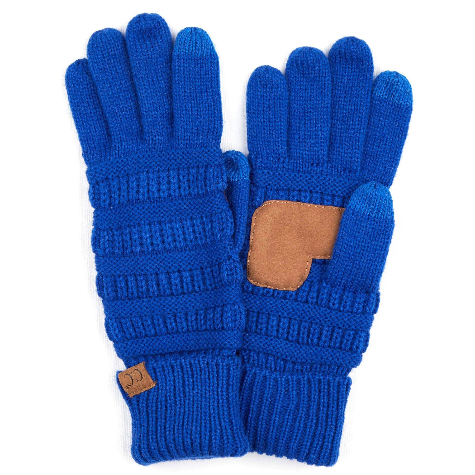 A pair of stylish CC Touchscreen Gloves in a cable knit pattern, designed for smartphone use with soft acrylic material.