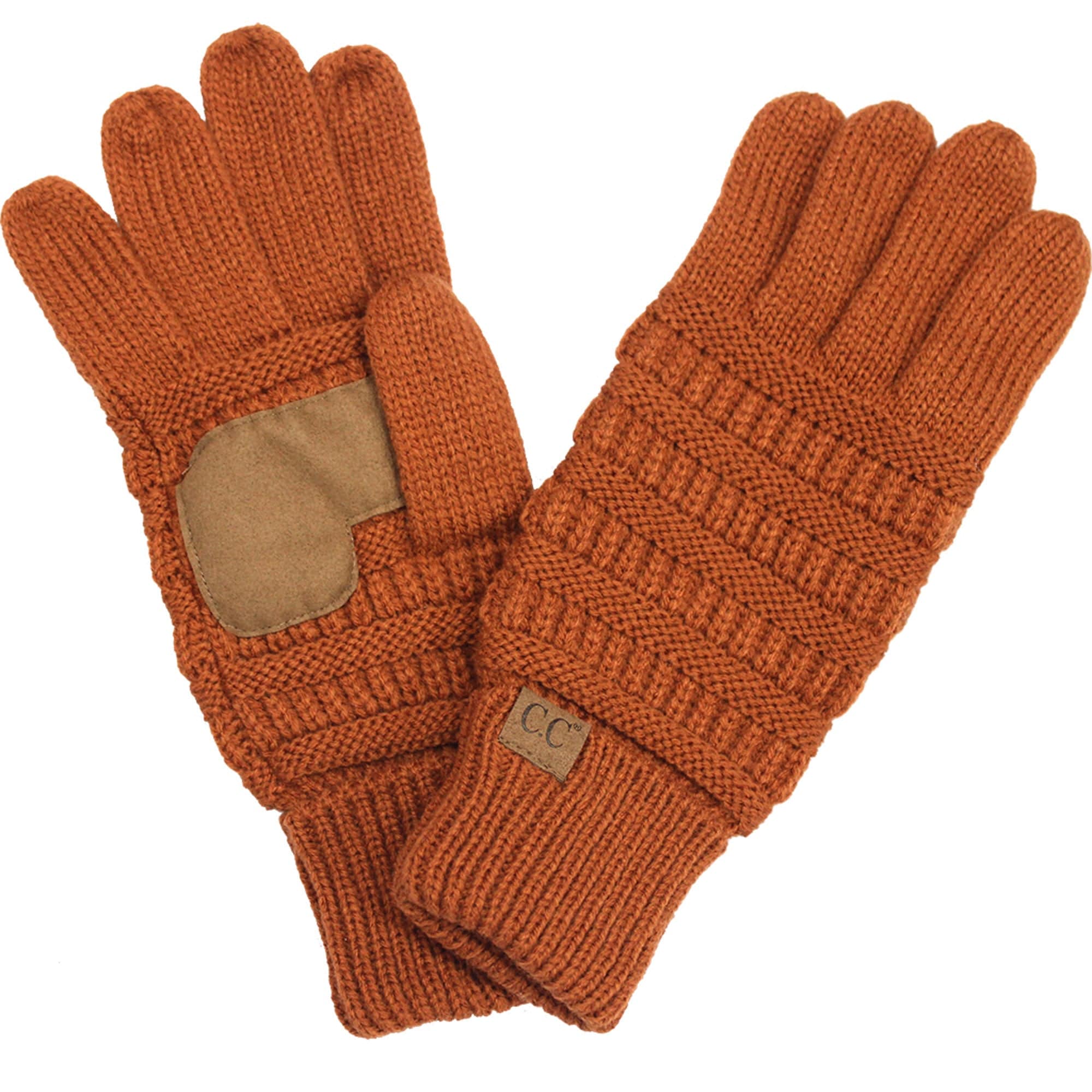 A pair of stylish CC Touchscreen Gloves in a cable knit pattern, designed for smartphone use with soft acrylic material.