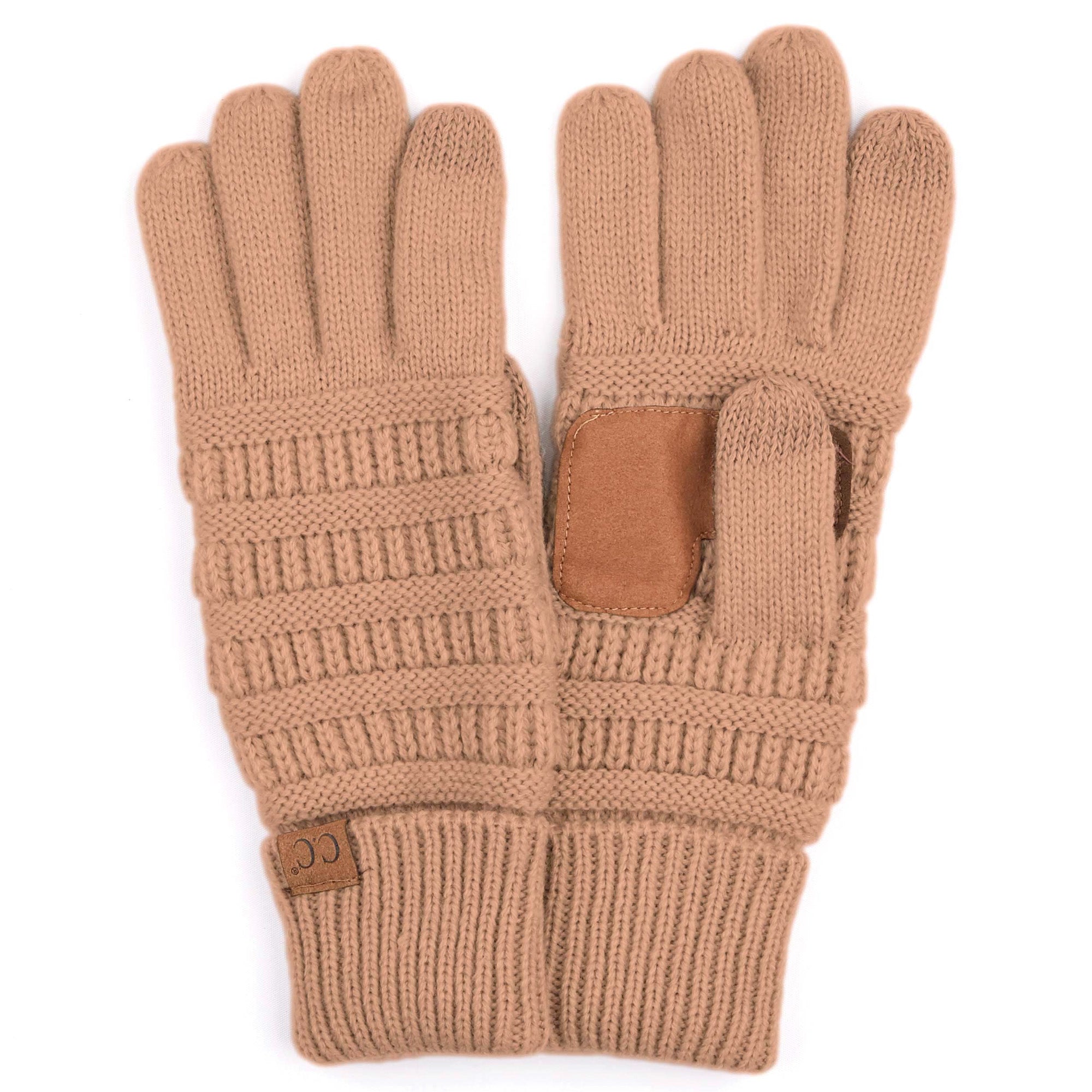 A pair of stylish CC Touchscreen Gloves in a cable knit pattern, designed for smartphone use with soft acrylic material.