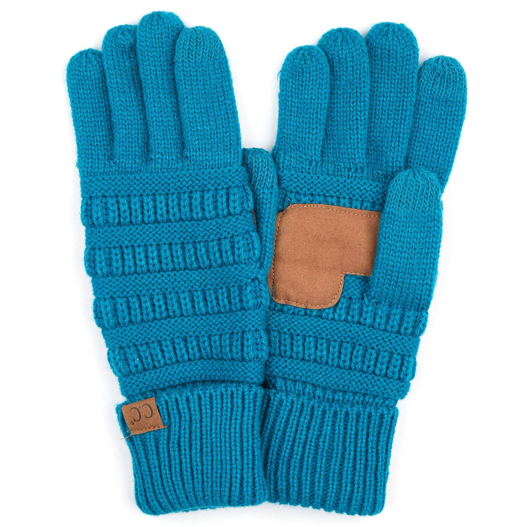 A pair of stylish CC Touchscreen Gloves in a cable knit pattern, designed for smartphone use with soft acrylic material.