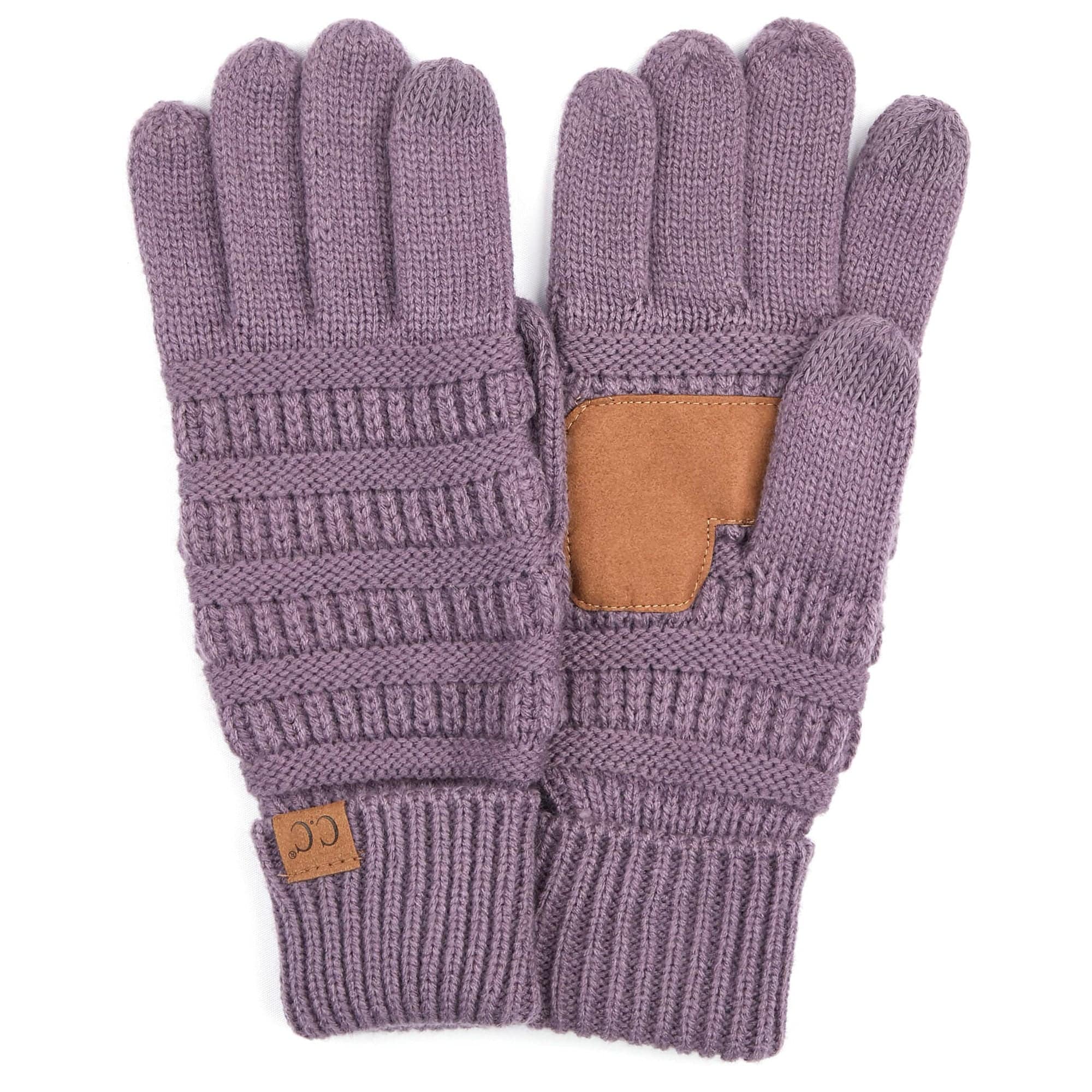 A pair of stylish CC Touchscreen Gloves in a cable knit pattern, designed for smartphone use with soft acrylic material.