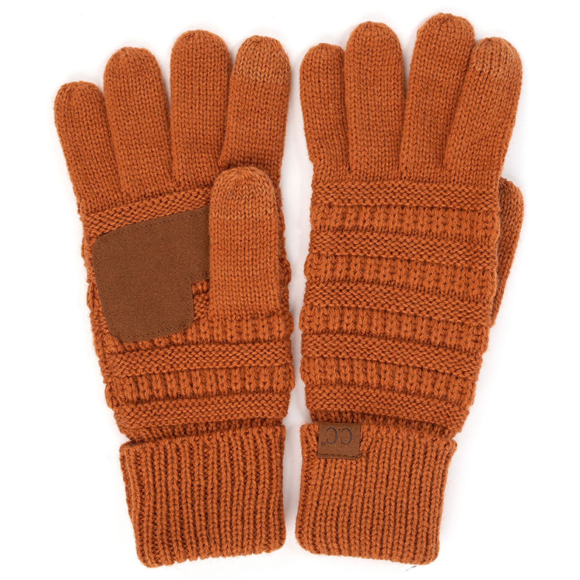 A pair of stylish CC Touchscreen Gloves in a cable knit pattern, designed for smartphone use with soft acrylic material.