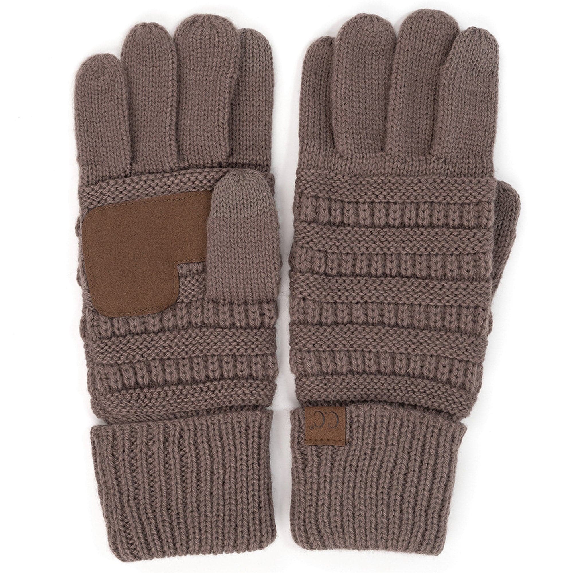 A pair of stylish CC Touchscreen Gloves in a cable knit pattern, designed for smartphone use with soft acrylic material.