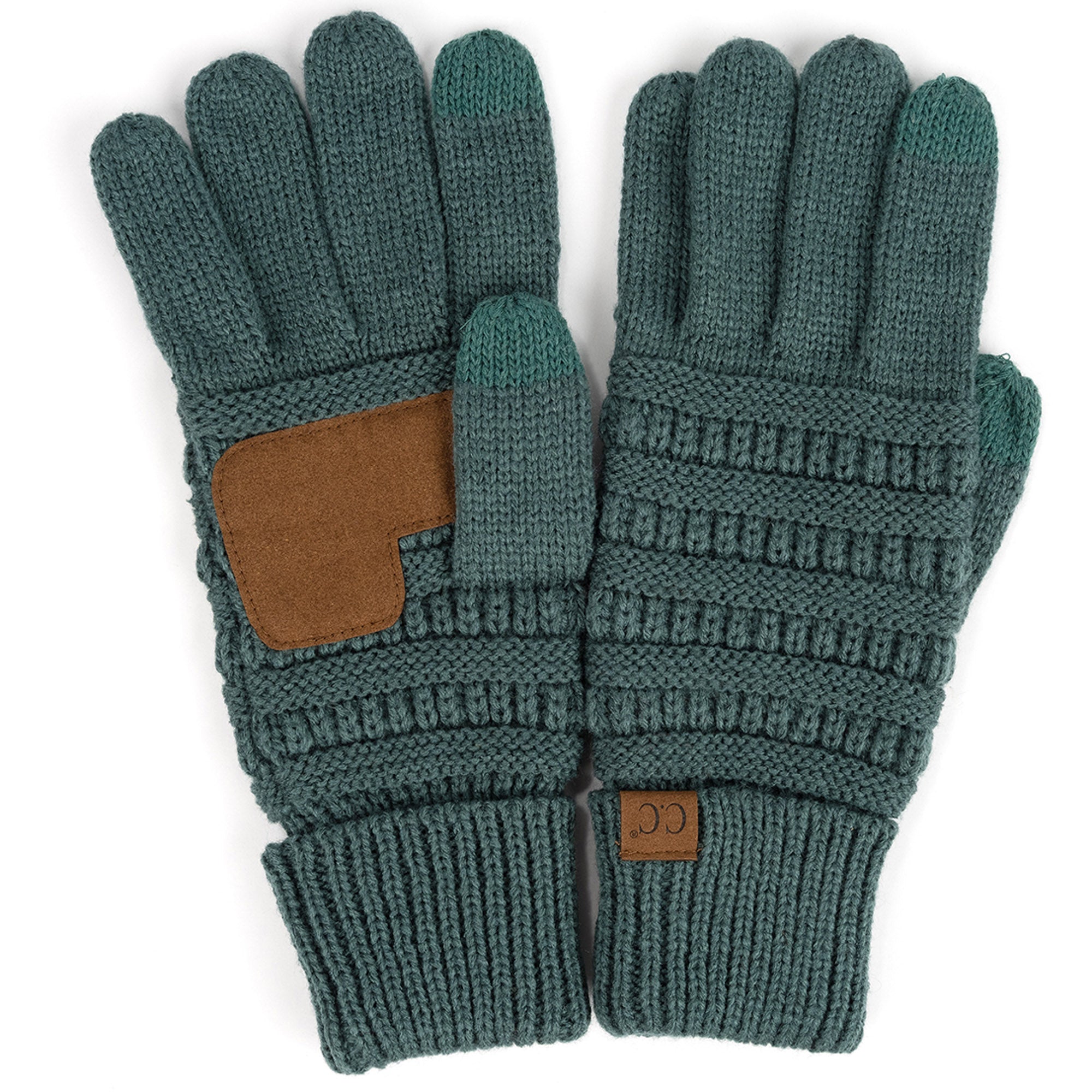 A pair of stylish CC Touchscreen Gloves in a cable knit pattern, designed for smartphone use with soft acrylic material.