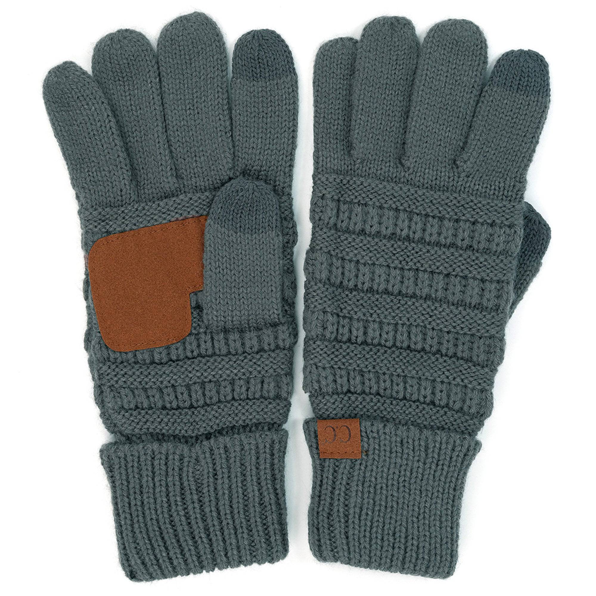 A pair of stylish CC Touchscreen Gloves in a cable knit pattern, designed for smartphone use with soft acrylic material.