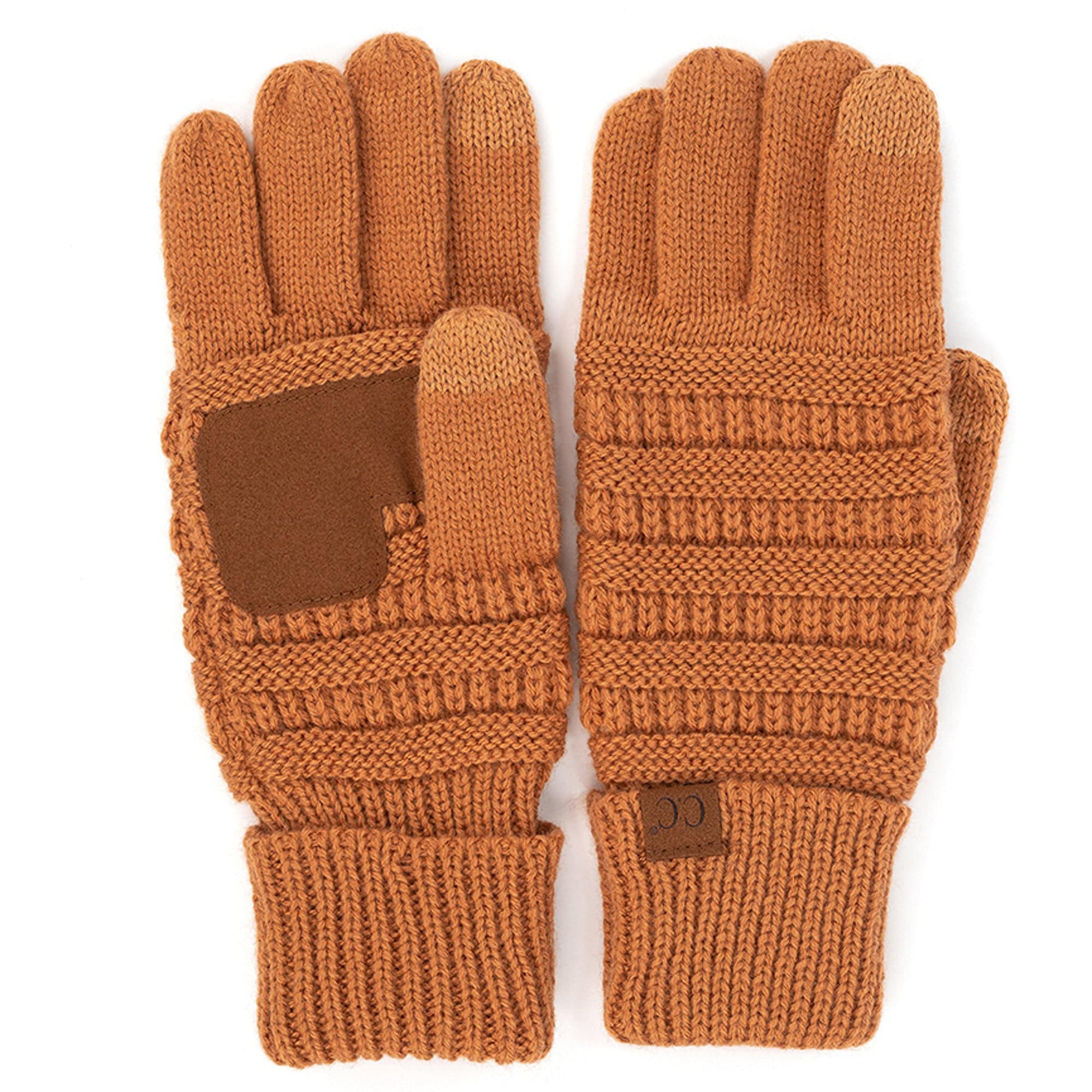 A pair of stylish CC Touchscreen Gloves in a cable knit pattern, designed for smartphone use with soft acrylic material.