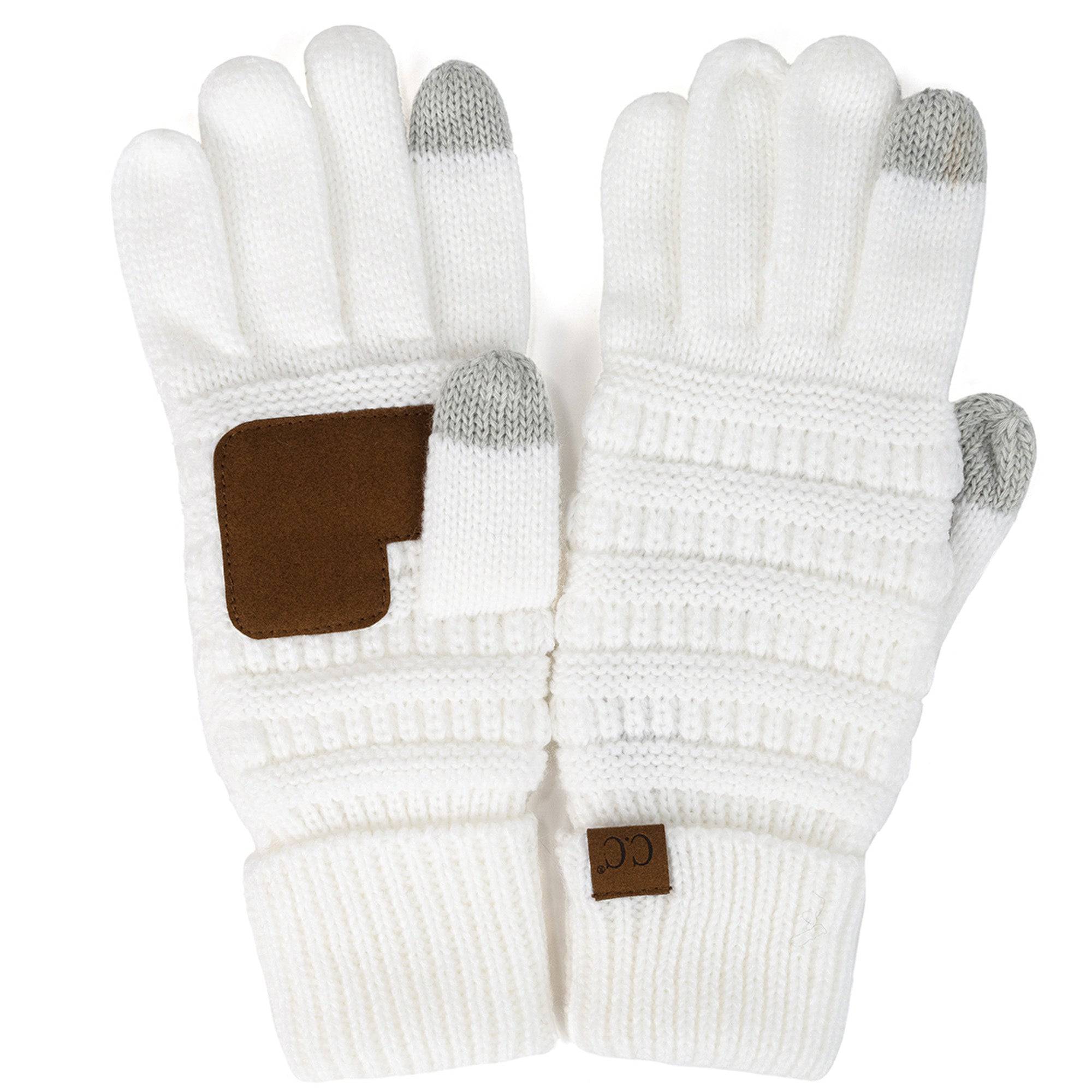 A pair of stylish CC Touchscreen Gloves in a cable knit pattern, designed for smartphone use with soft acrylic material.