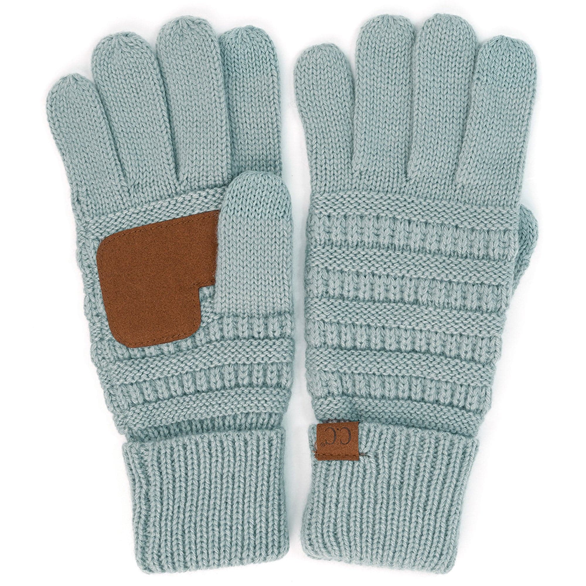 A pair of stylish CC Touchscreen Gloves in a cable knit pattern, designed for smartphone use with soft acrylic material.