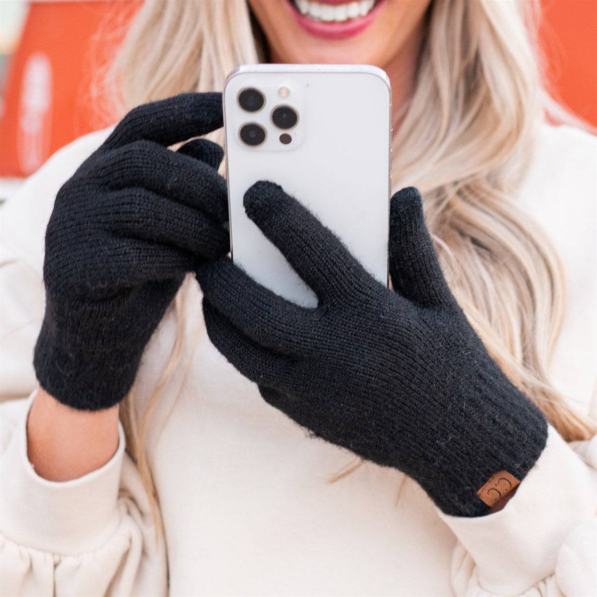 CC Ultra Soft Tech-Touch Gloves in various colors, showcasing their soft texture and tech-touch fingertips.