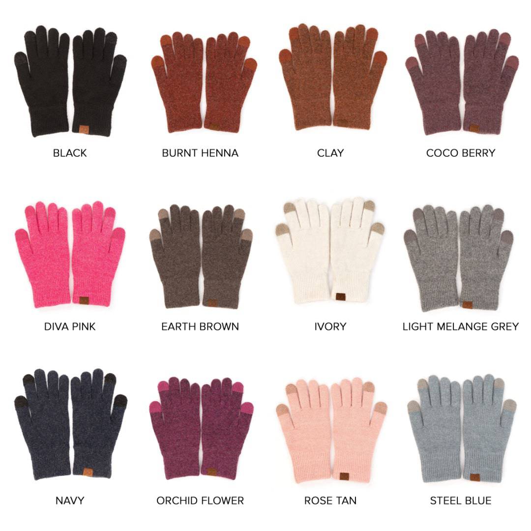 CC Ultra Soft Tech-Touch Gloves in various colors, showcasing their soft texture and tech-touch fingertips.