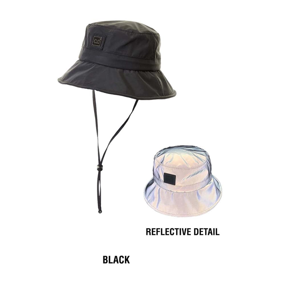 CC Waterproof Reflective Bucket Hat showcasing its stylish design, adjustable chin strap, and waterproof material, perfect for outdoor activities.