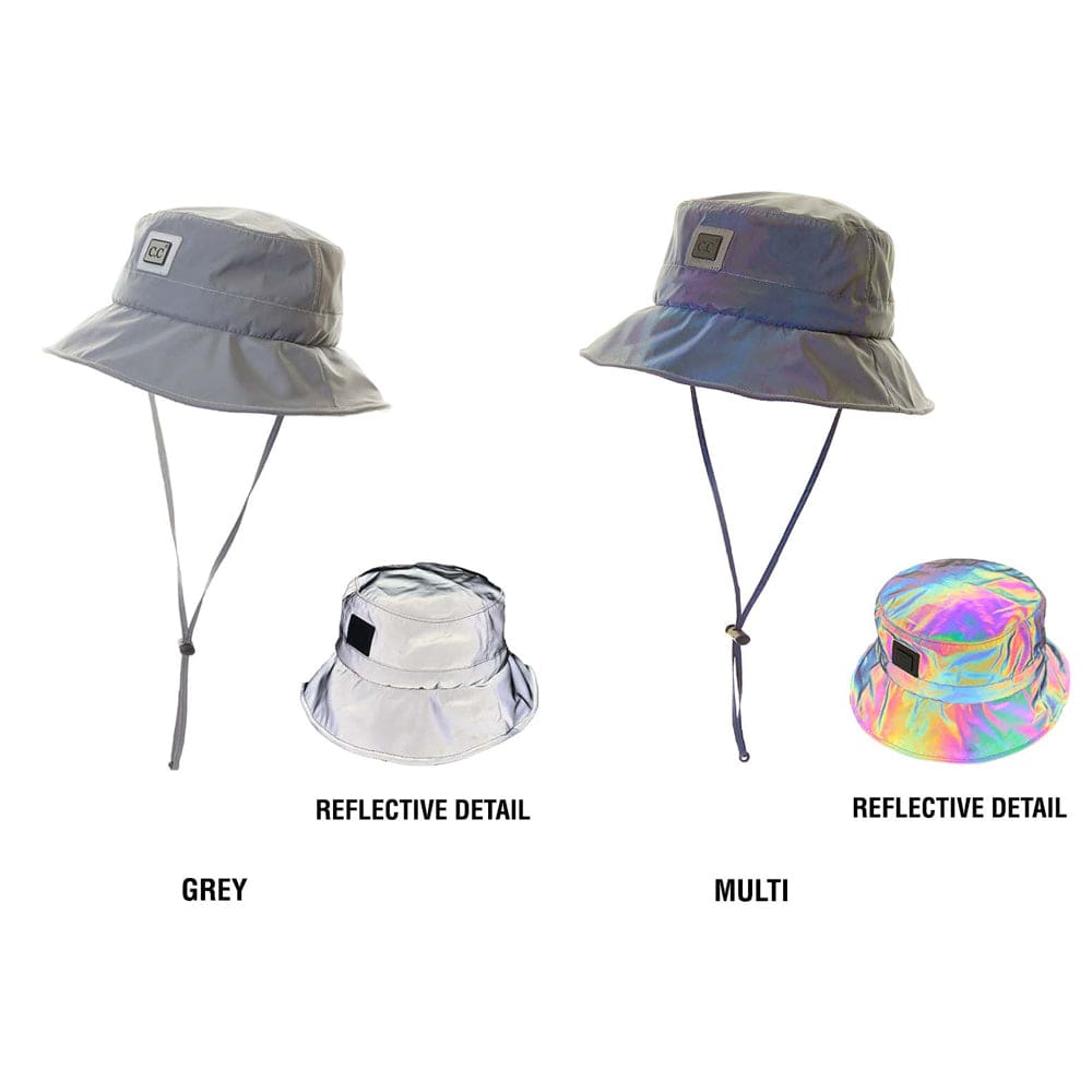 CC Waterproof Reflective Bucket Hat showcasing its stylish design, adjustable chin strap, and waterproof material, perfect for outdoor activities.