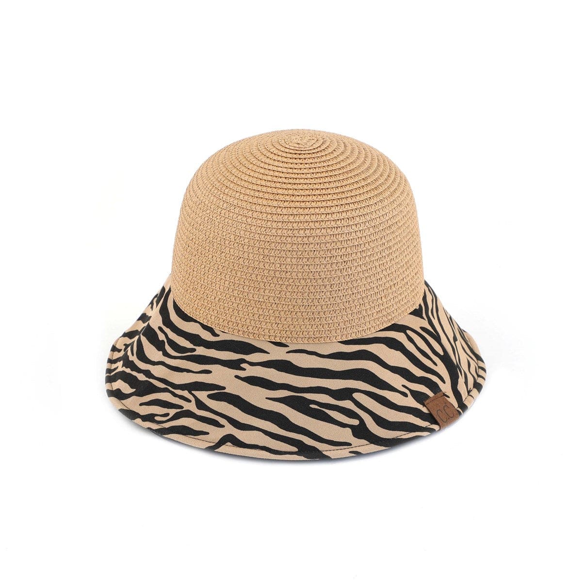 CC Zebra Print Straw Bucket Hat with adjustable inner band and stylish zebra pattern brim, perfect for sun protection and outdoor activities.