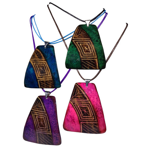 Hand-painted Calabash Rhombus Necklace and Earring Set showcasing vibrant colors and unique trapezoid design.