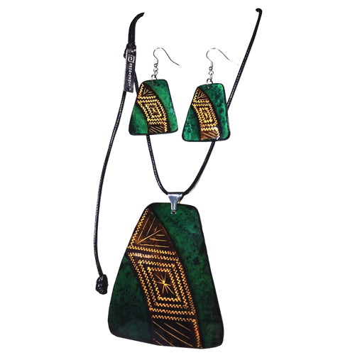 Hand-painted Calabash Rhombus Necklace and Earring Set showcasing vibrant colors and unique trapezoid design.