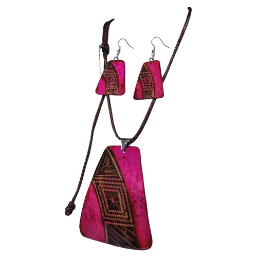 Hand-painted Calabash Rhombus Necklace and Earring Set showcasing vibrant colors and unique trapezoid design.