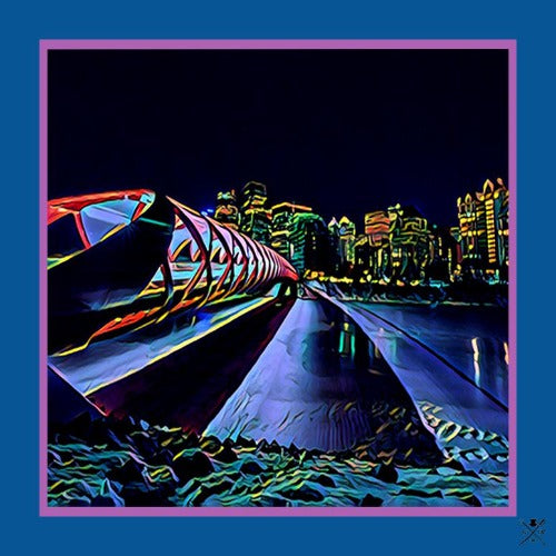 Calgary Skyline Pocket Square featuring the Peace Bridge at night, showcasing vibrant colors and intricate details.