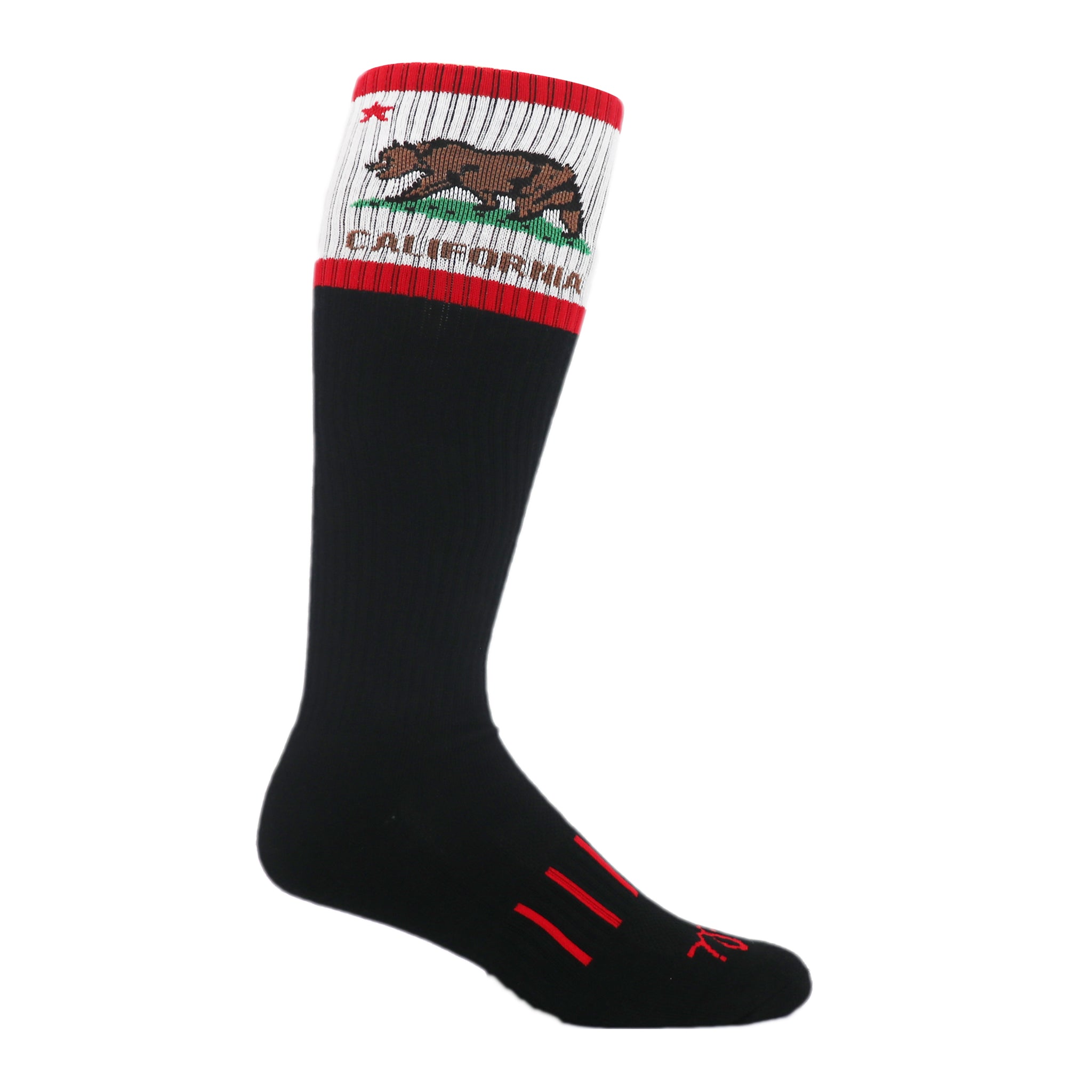 Cali Bear Knee High Socks featuring California Flag design on a black background with red accents, perfect for sports and fitness.