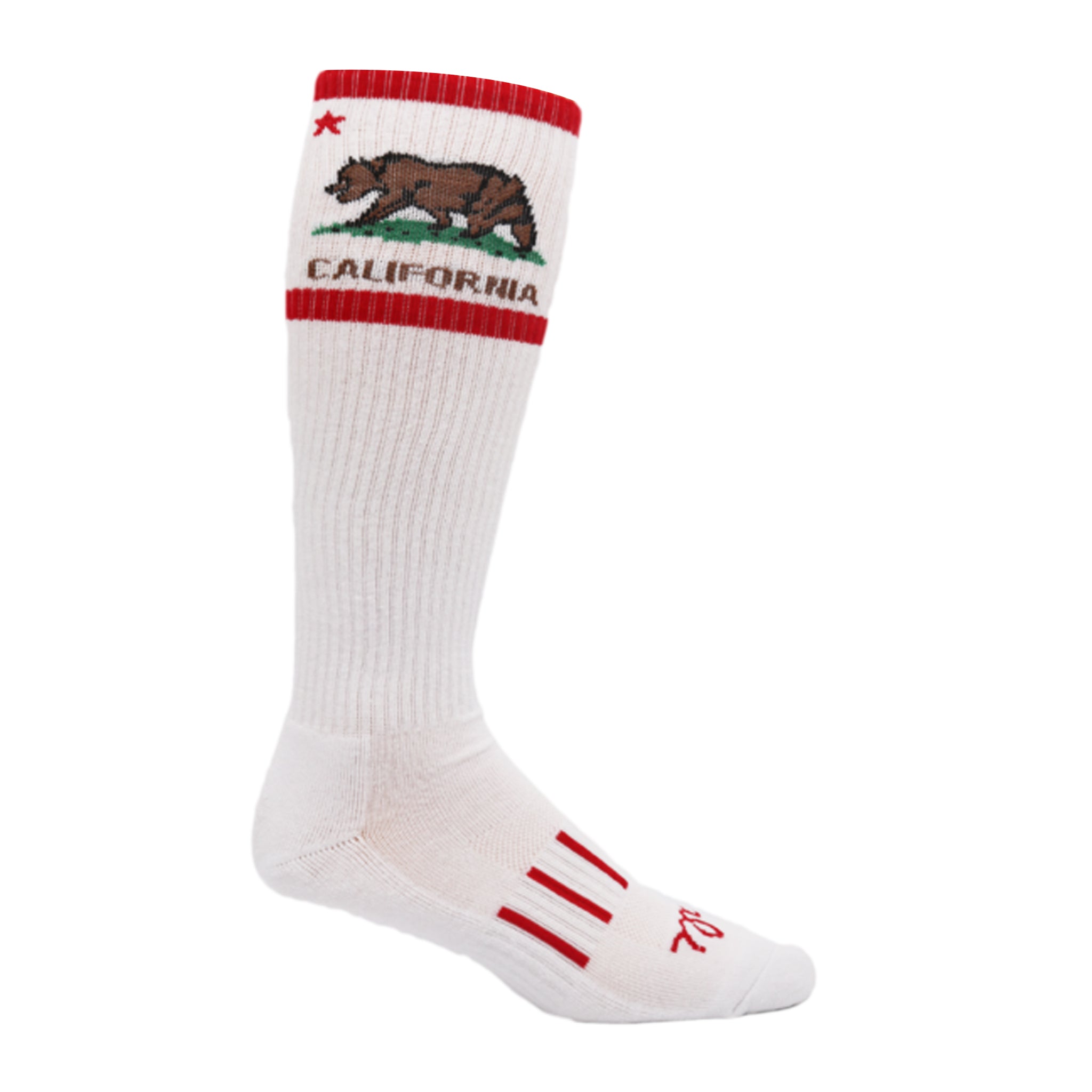 Cali Bear Knee High Socks featuring California Flag design on a black background with red accents, perfect for sports and fitness.