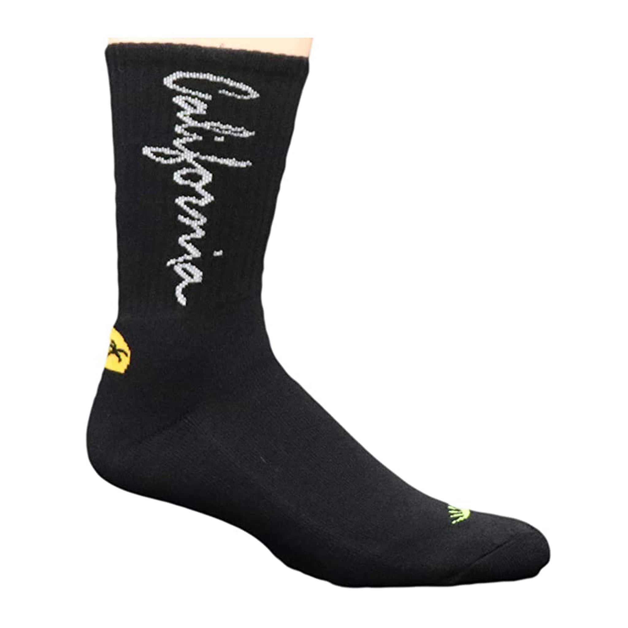 California Dreamin' Crew Socks featuring a black design with a California license plate motif, perfect for casual wear.