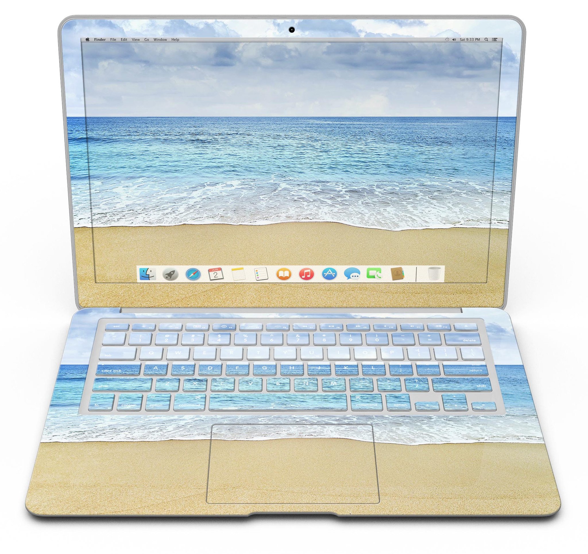 Calm Blue Sky and Sea Shore MacBook Air Skin Kit showcasing vibrant blue and sandy shore design on a sleek MacBook Air.