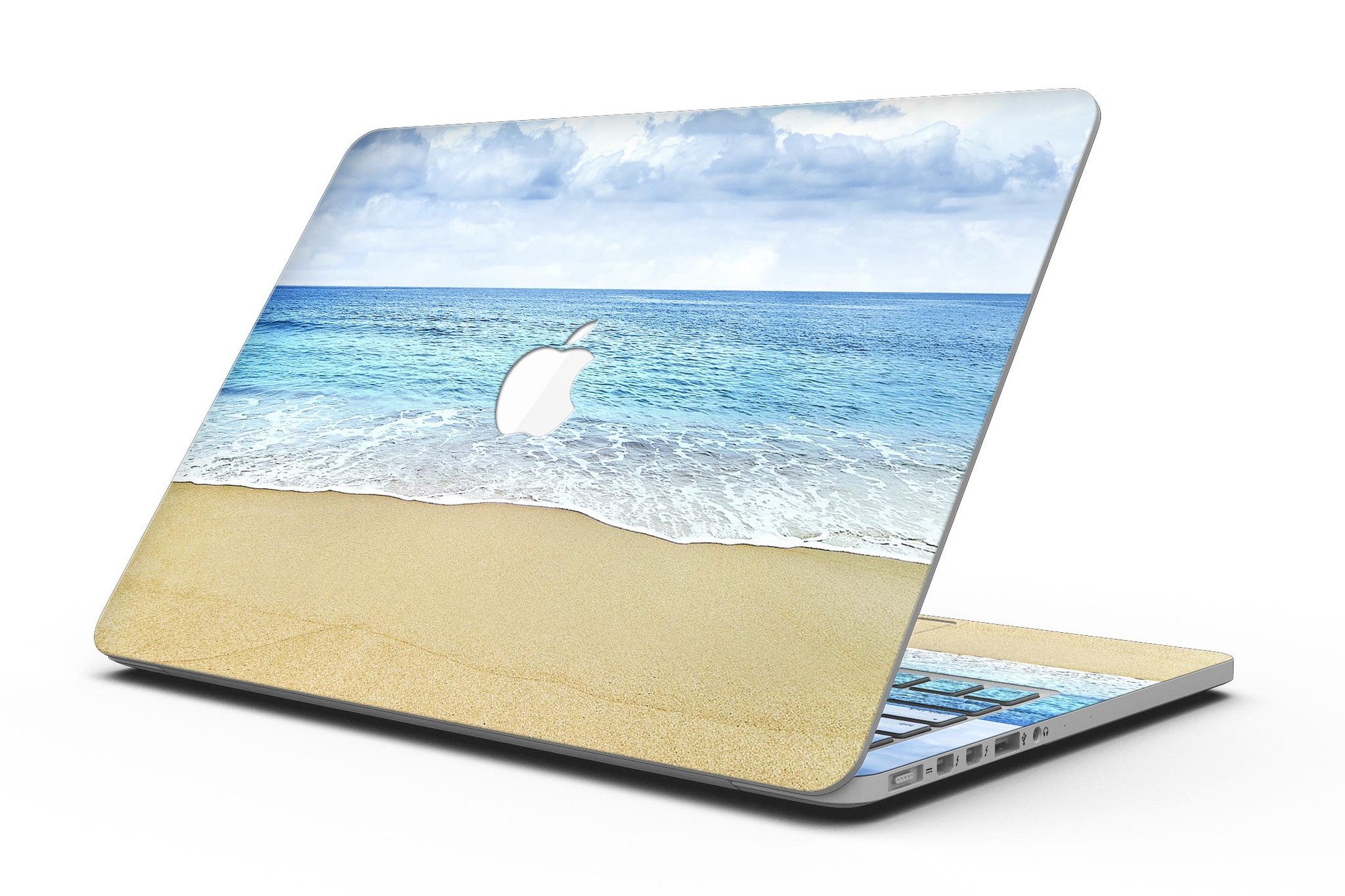 Calm Blue Sky and Sea Shore design skin for MacBook Pro with Retina Display, showcasing vibrant colors and a sleek fit.